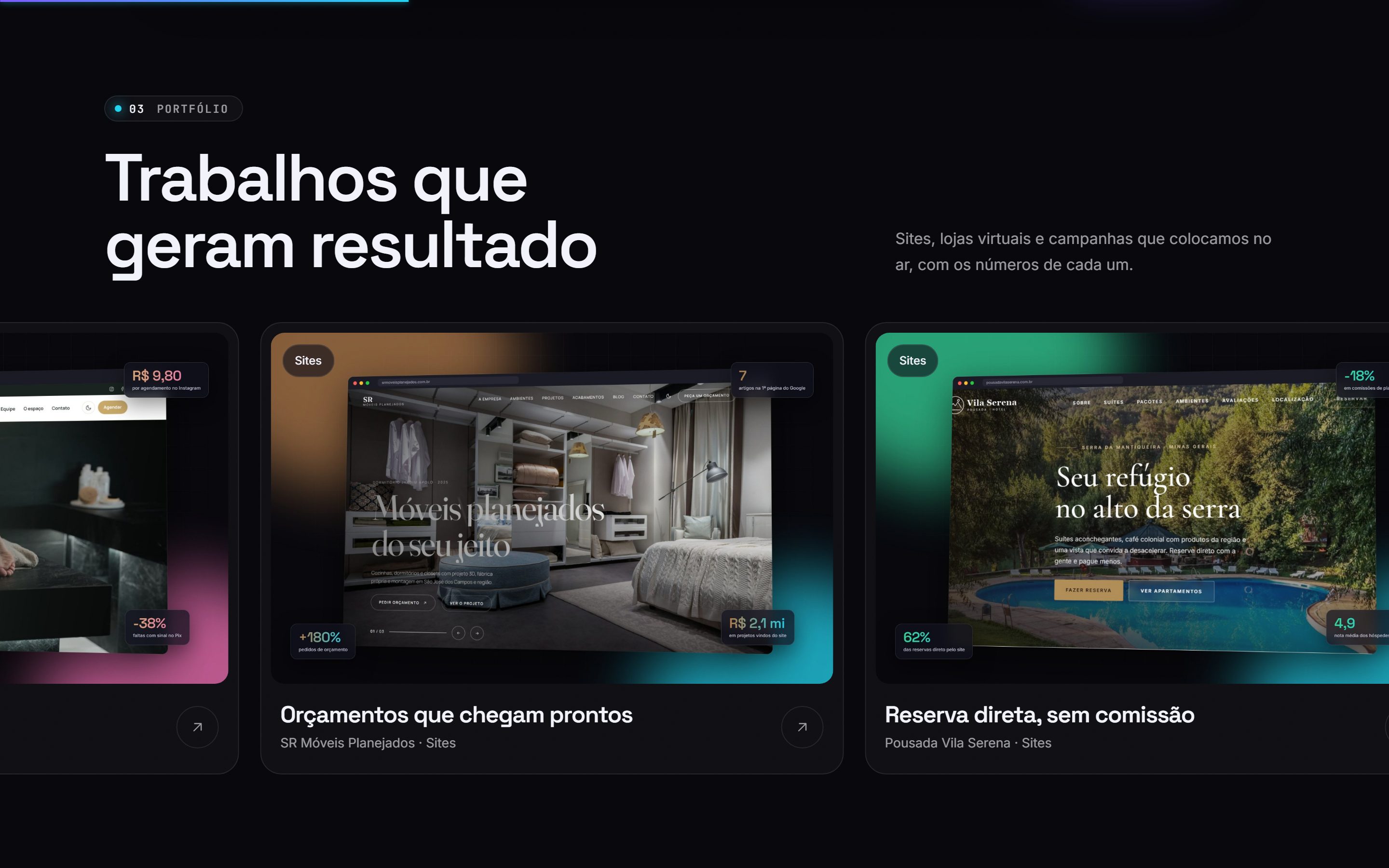 Cases numa rolagem lateral na capa, com o resultado de cada um