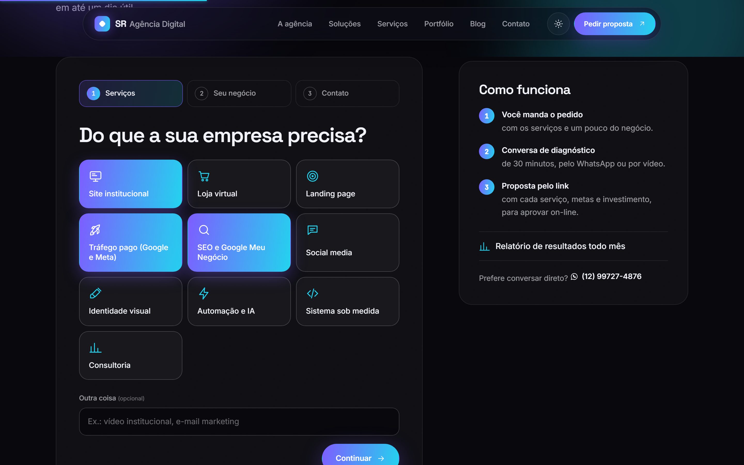 Pedido de proposta on-line: o cliente escolhe os serviços