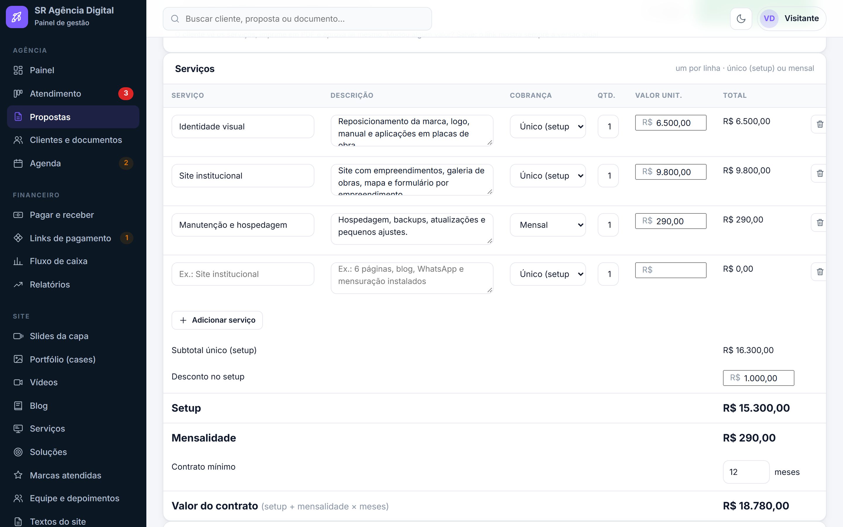 Proposta com setup, mensalidade e valor do contrato