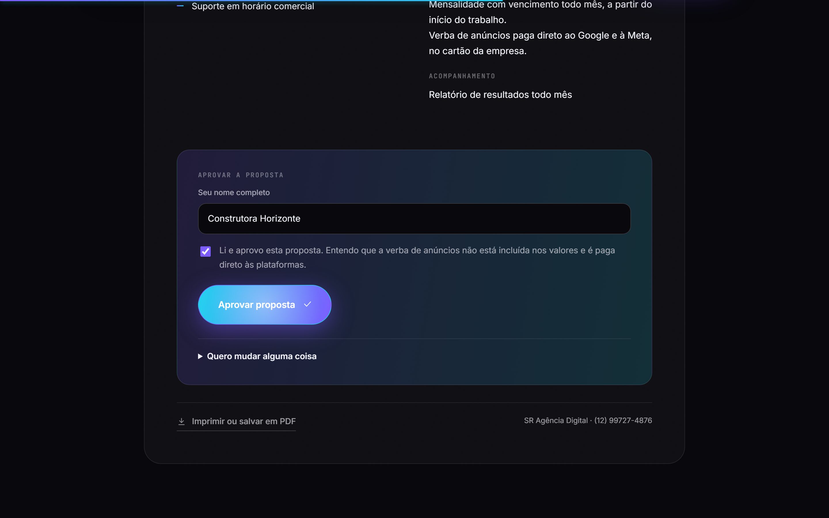 O cliente aprova a proposta pelo link