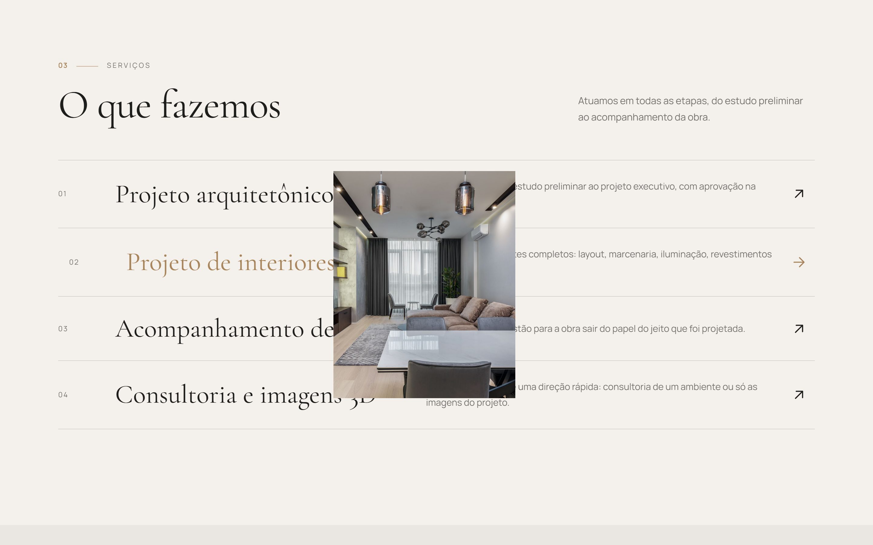 Serviços com a foto aparecendo ao passar o mouse
