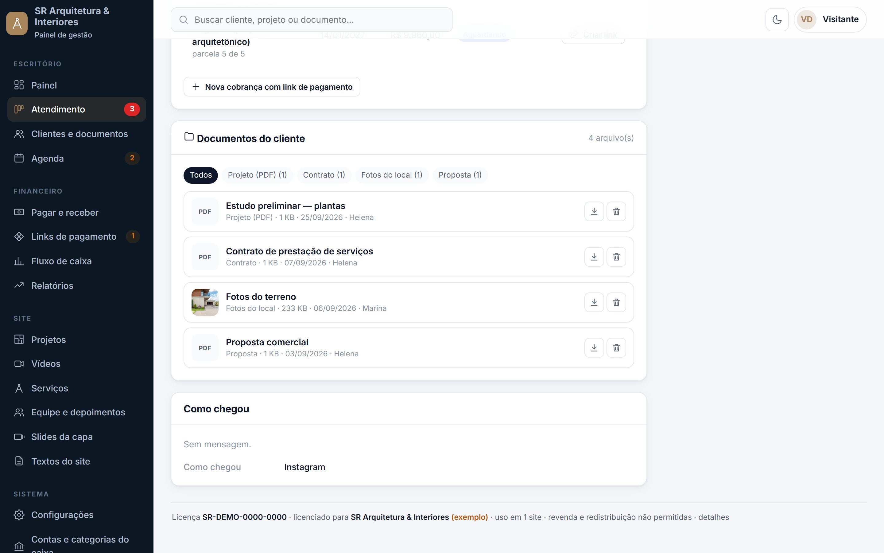 Documentos do cliente: contrato, plantas, renders e fotos