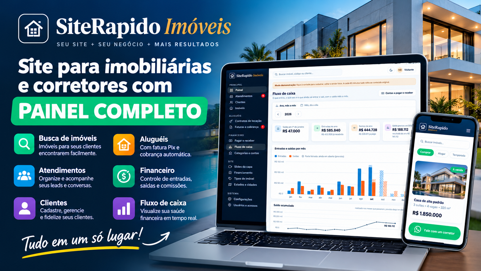 Site para imobiliárias e corretores com painel completo