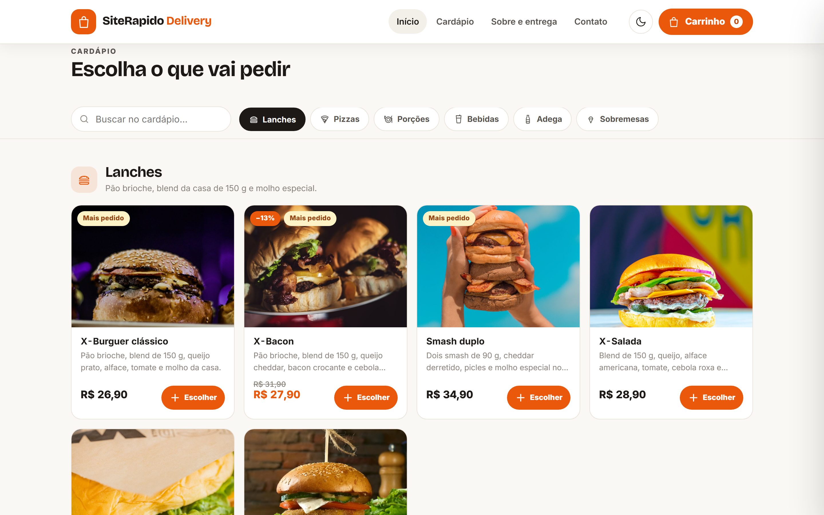 O cardápio por categoria, com busca, promoções e selo de mais pedido