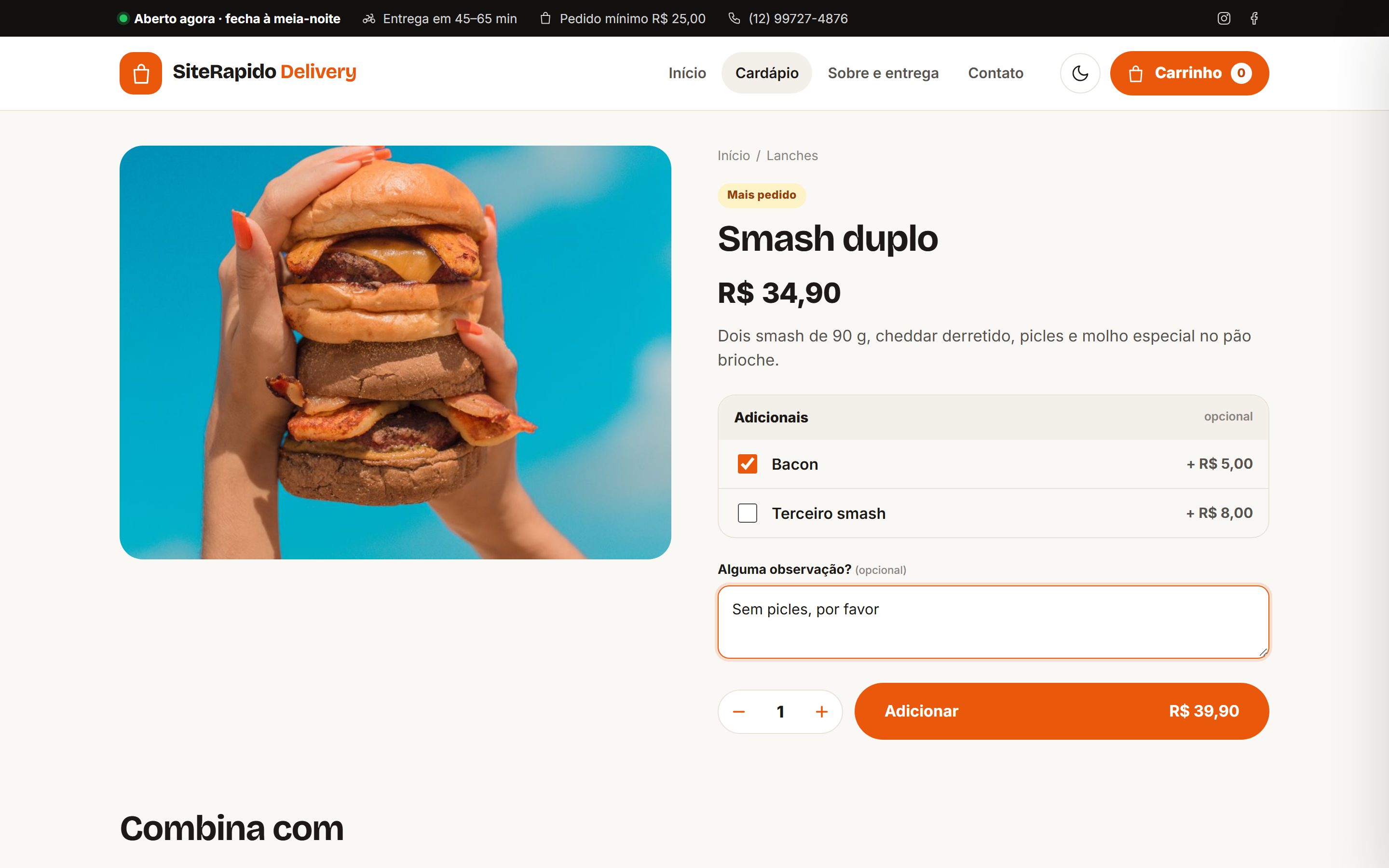 Página do produto com adicionais e observação