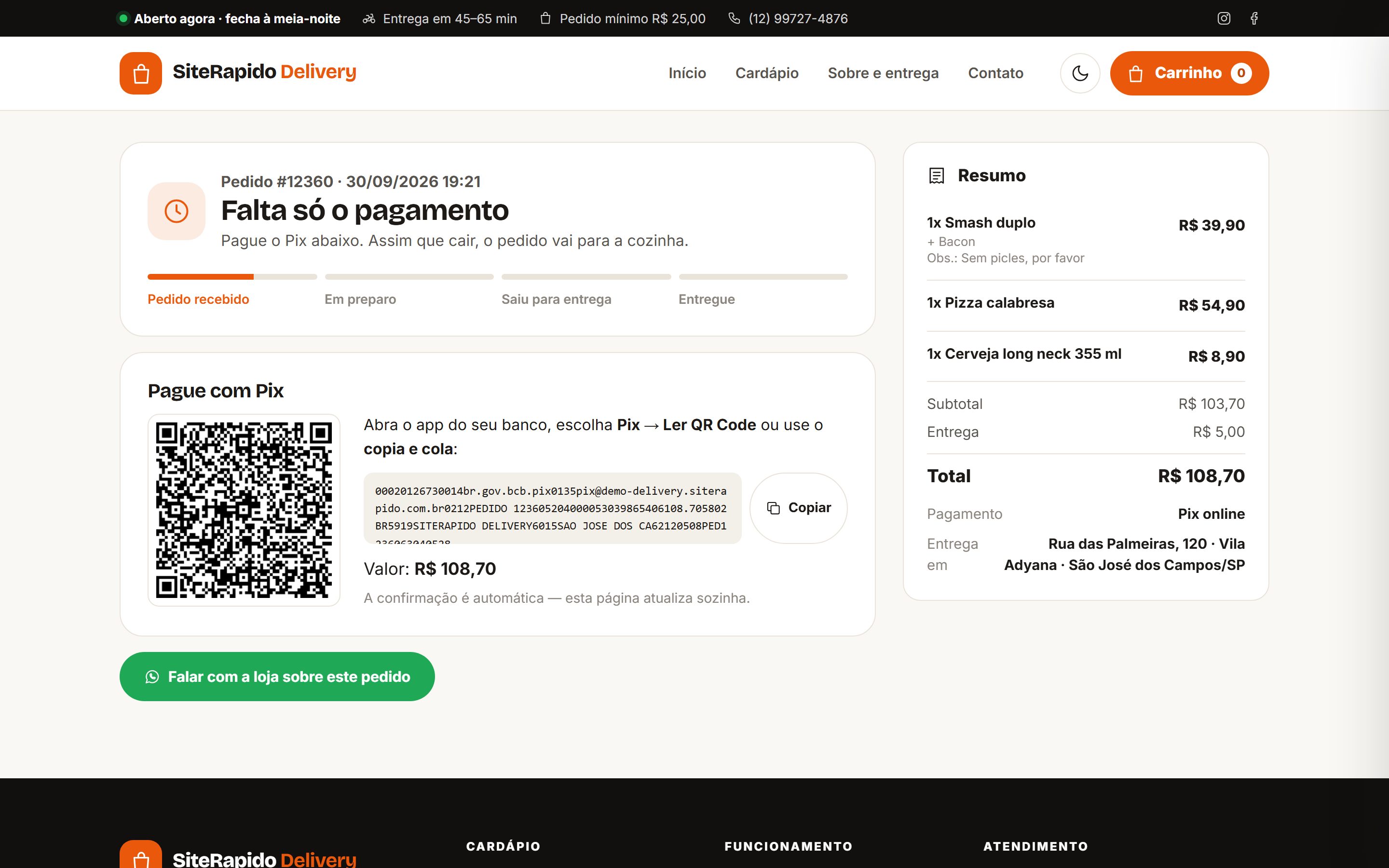Pix com QR Code na tela e confirmação automática