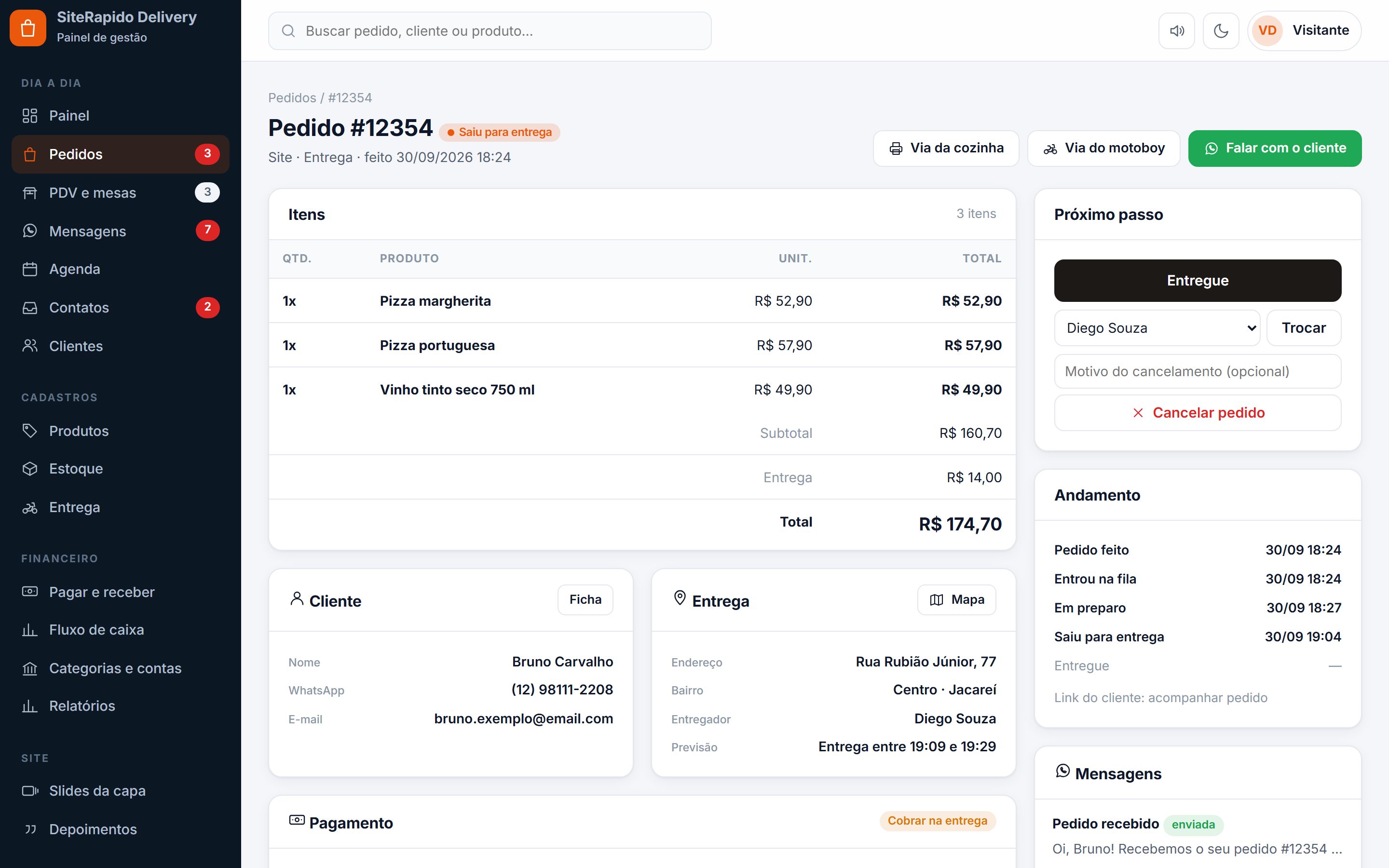 Ficha do pedido: itens, entrega, pagamento e mensagens