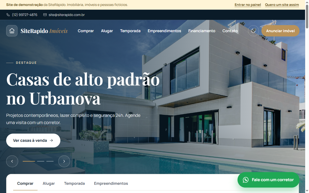 Capa com slides e busca por finalidade, tipo, cidade e valor