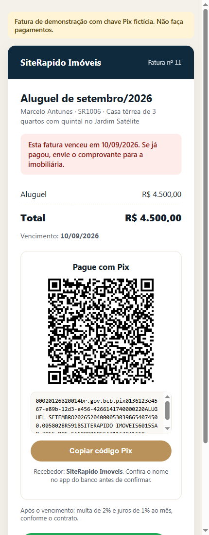 Fatura do inquilino com QR Code e Pix copia e cola