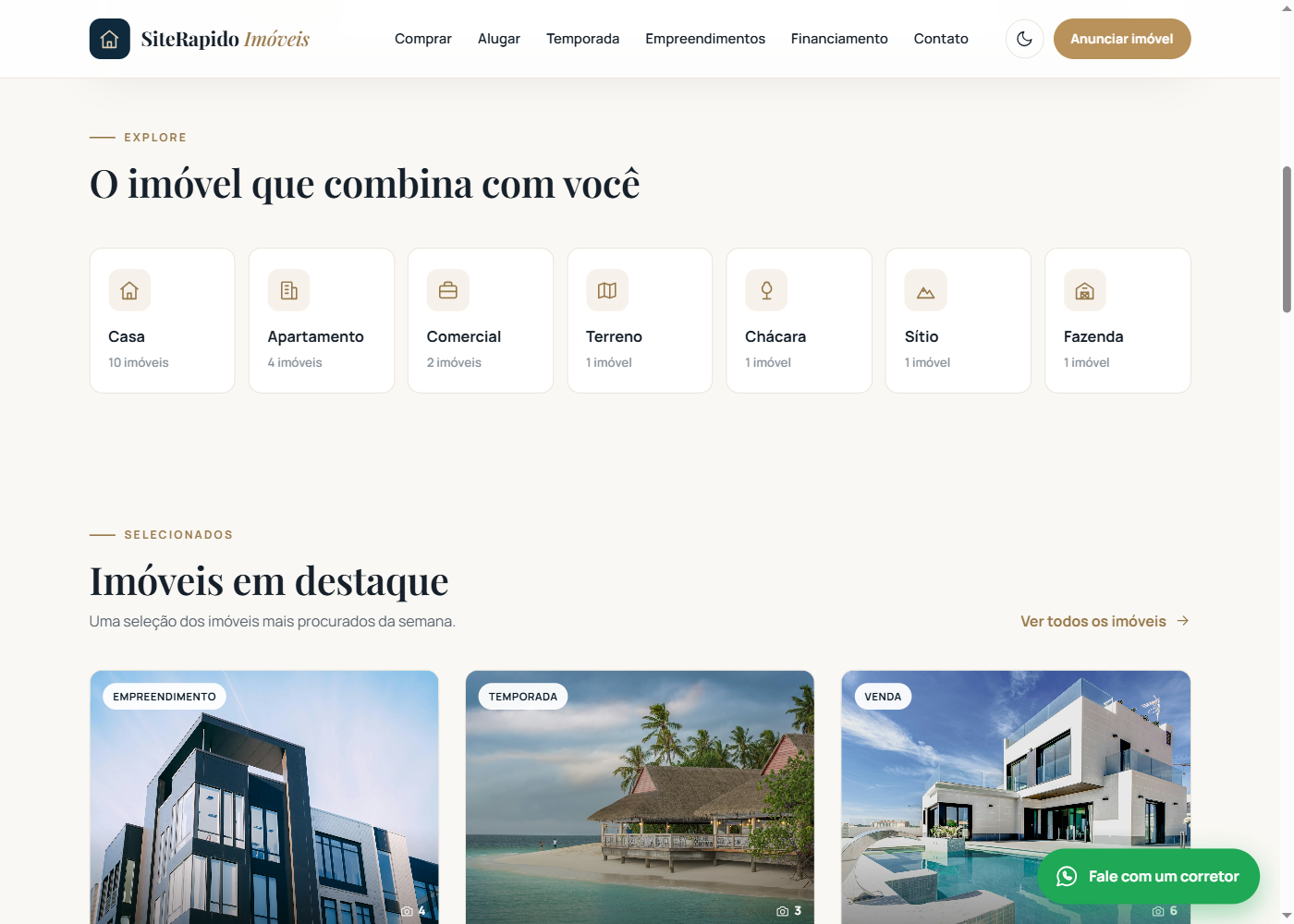 Tipos de imóvel e imóveis em destaque