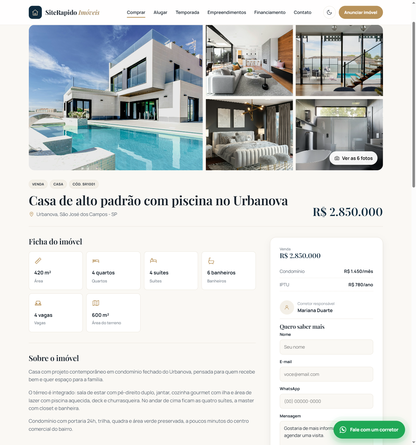 Página do imóvel com galeria, ficha e contato pelo WhatsApp
