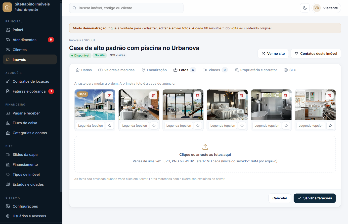 Cadastro do imóvel: várias fotos de uma vez, arrastar para ordenar
