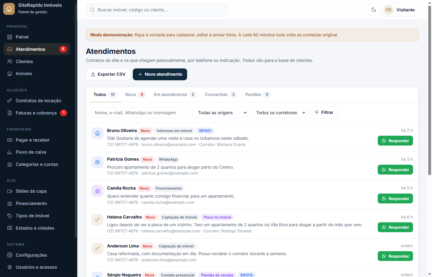 Atendimentos do site e do escritório, com resposta pelo WhatsApp