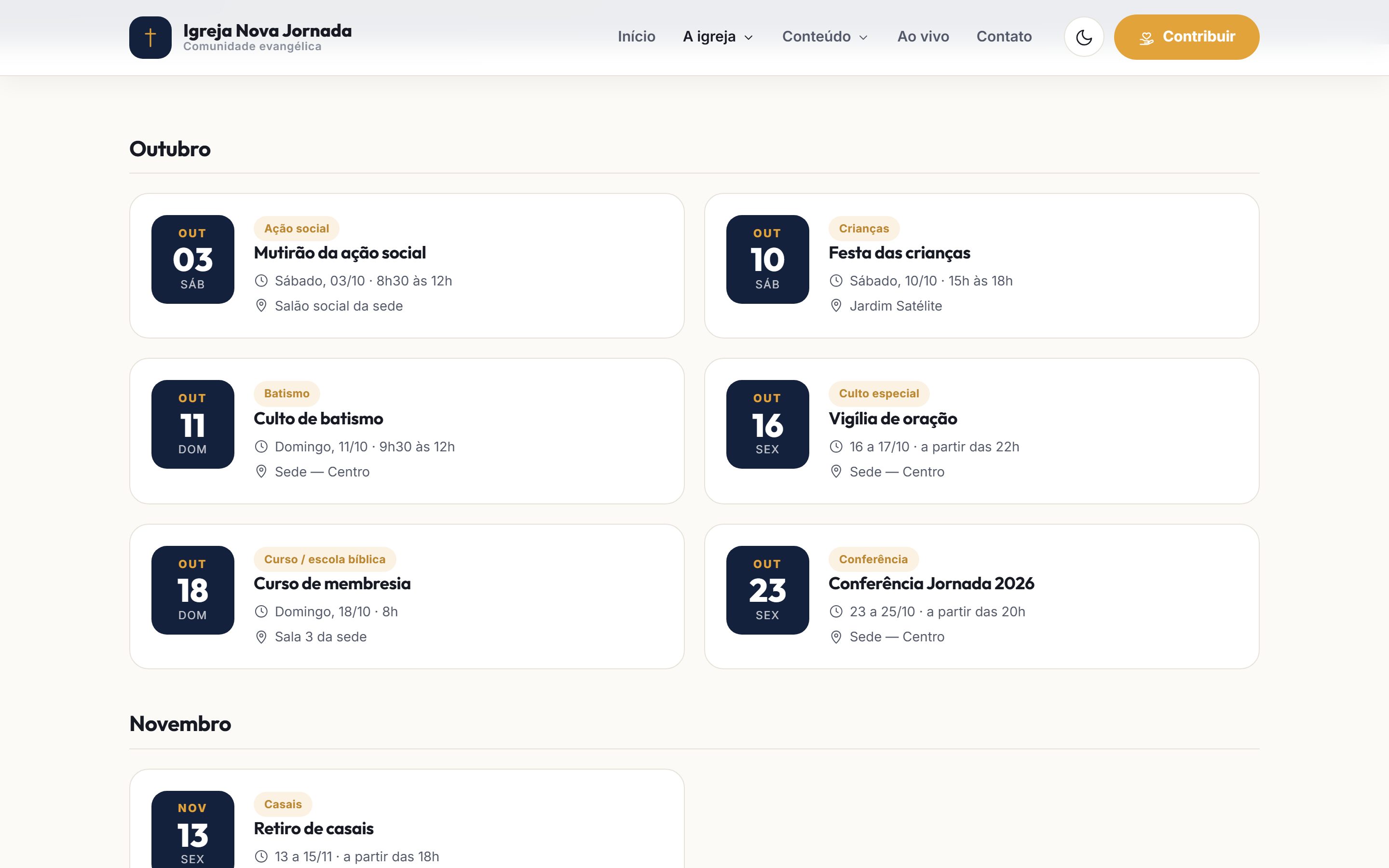 Agenda pública do site, mês a mês