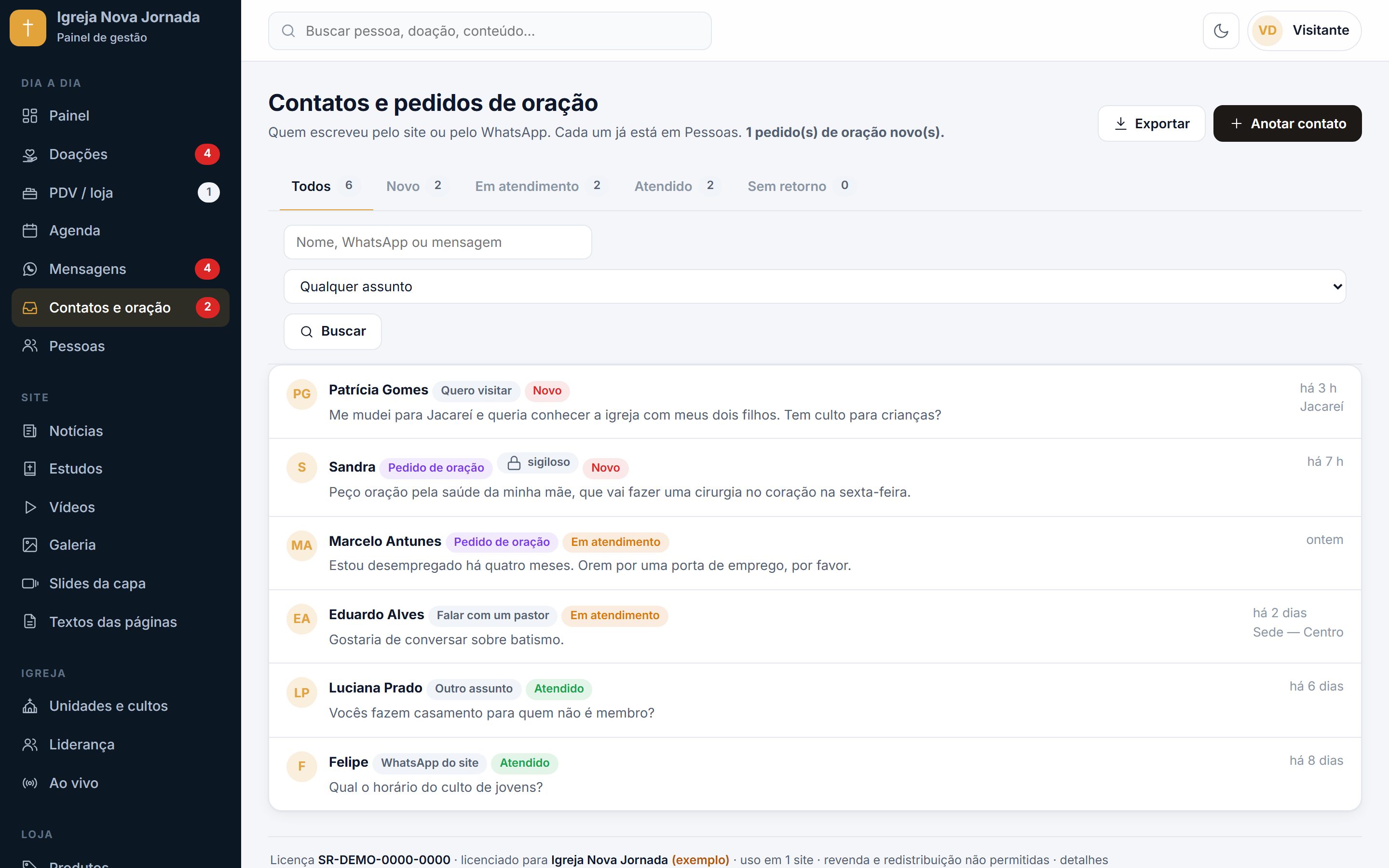 Contatos e pedidos de oração, com opção sigilosa