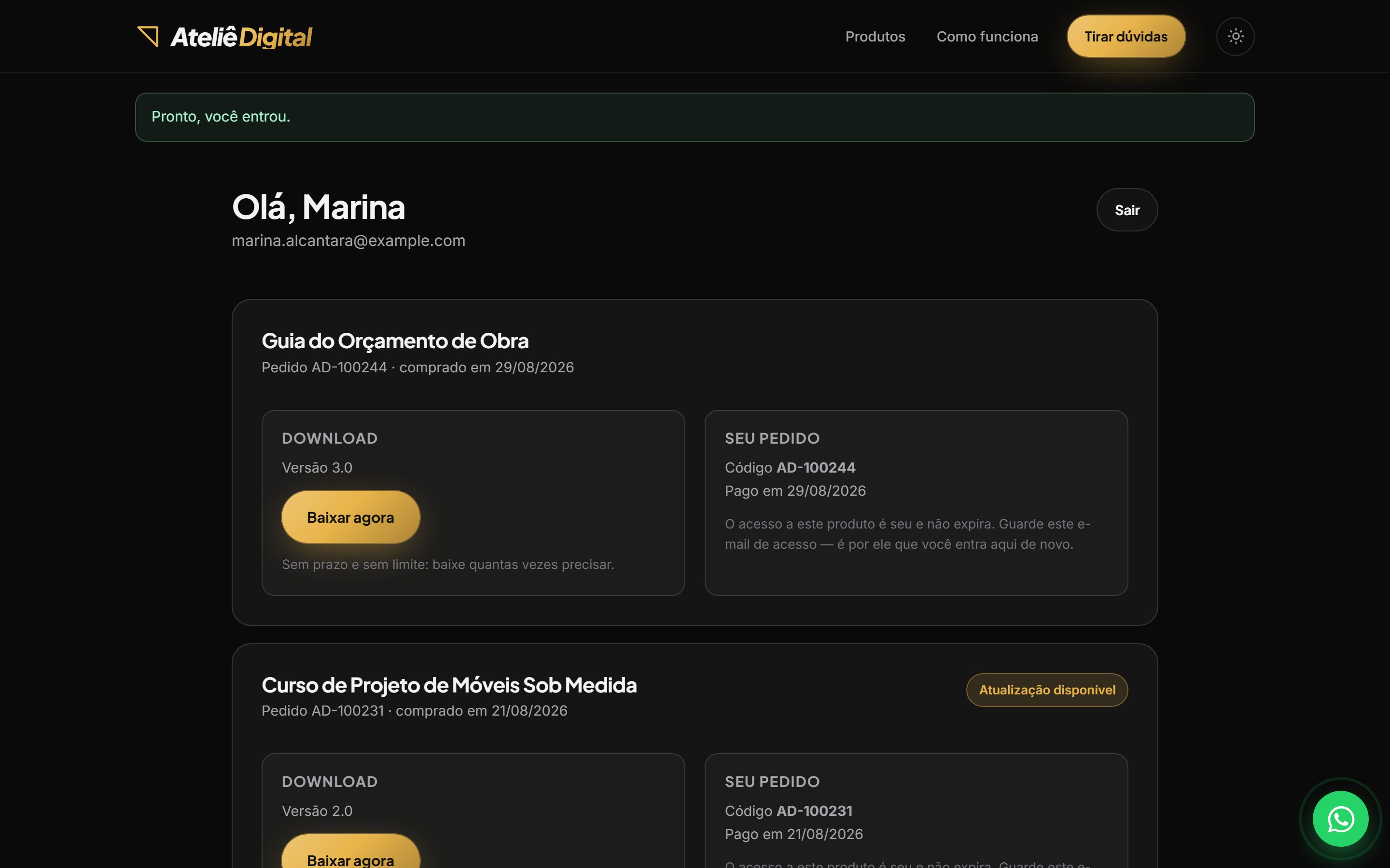 Área do cliente: baixa quando quiser e é avisado de versão nova