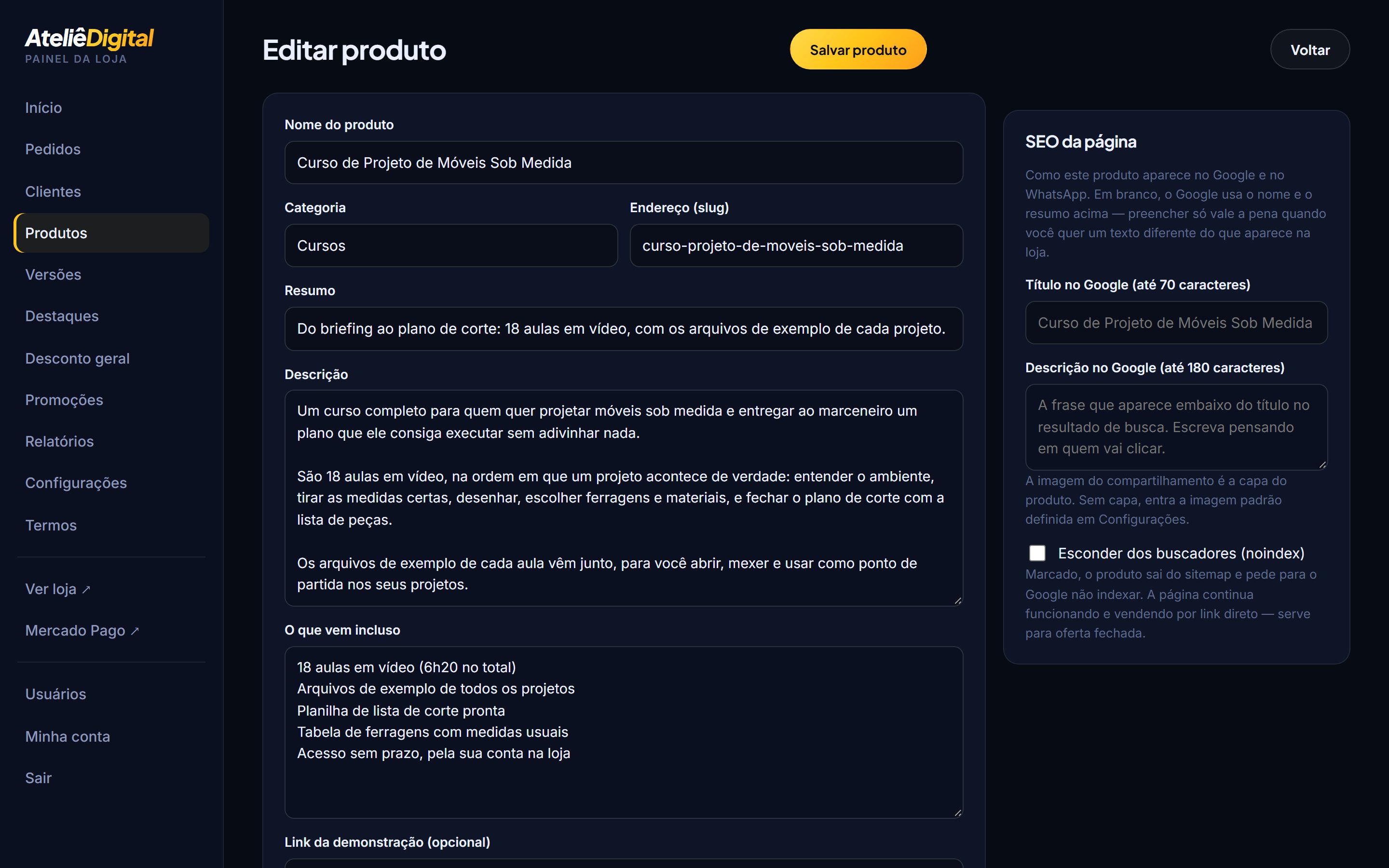 Cadastro do produto, com descrição, preço, arquivo e SEO