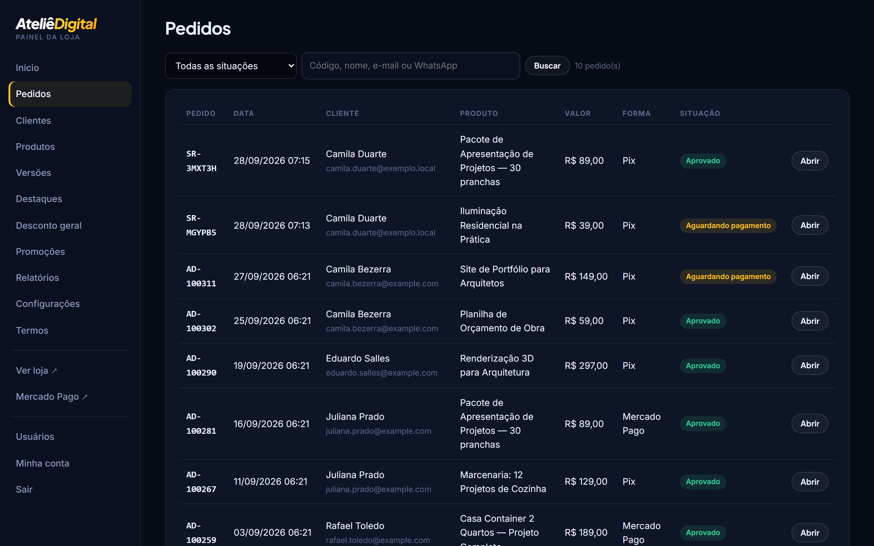 Pedidos com situação, forma de pagamento e busca