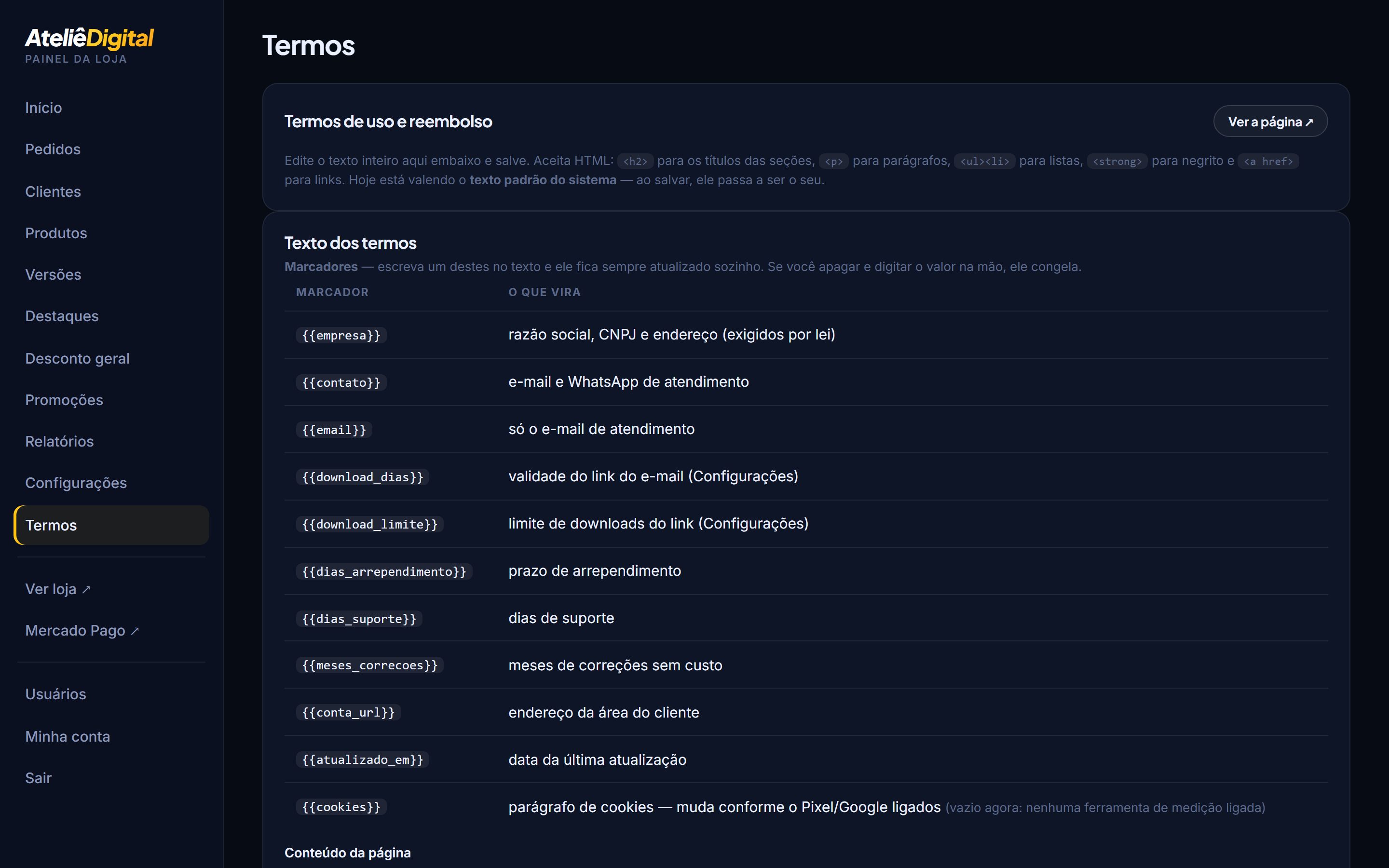 Termos de uso editáveis pelo painel, sem mexer em código