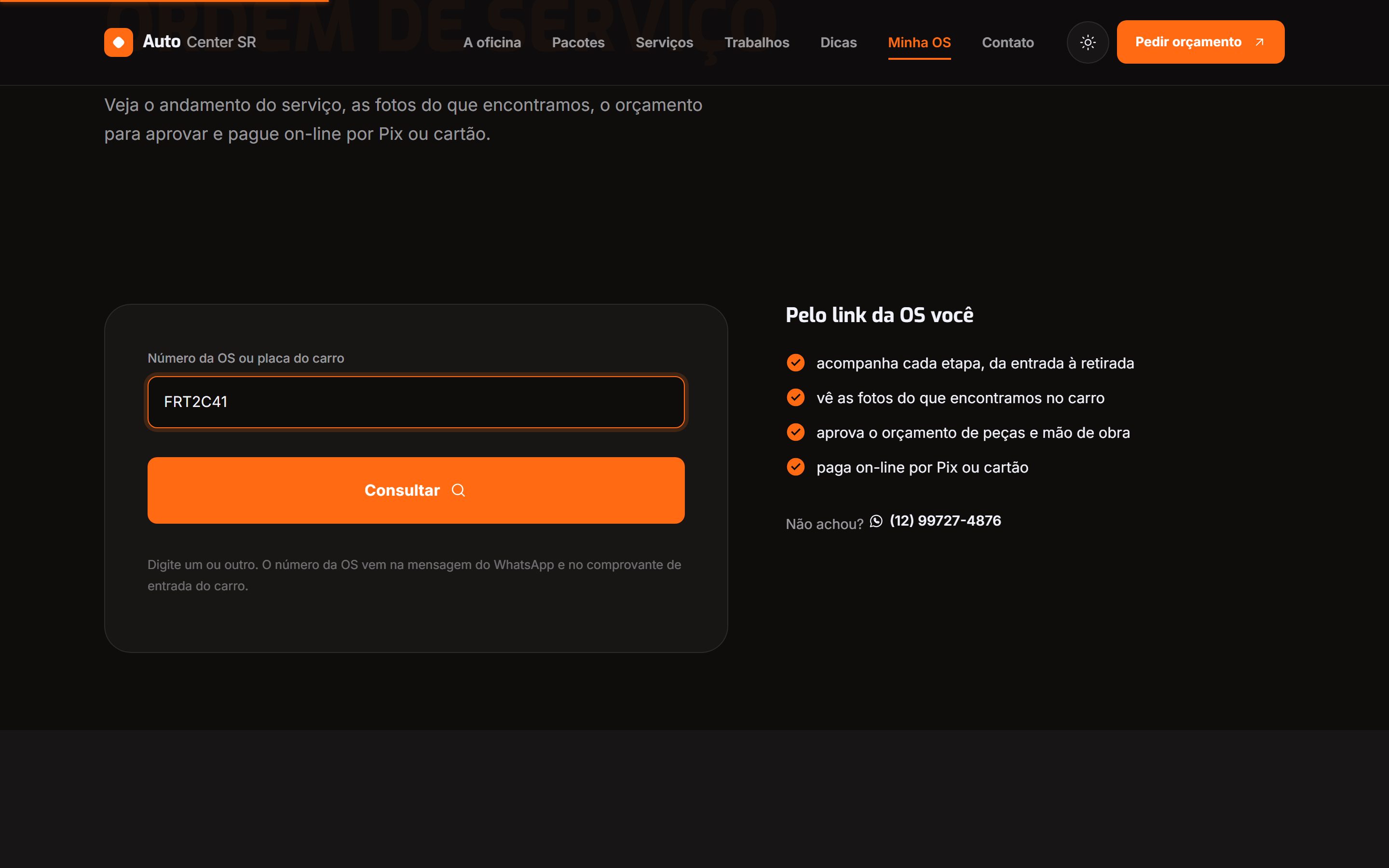 Consulta da ordem de serviço no site, pela placa