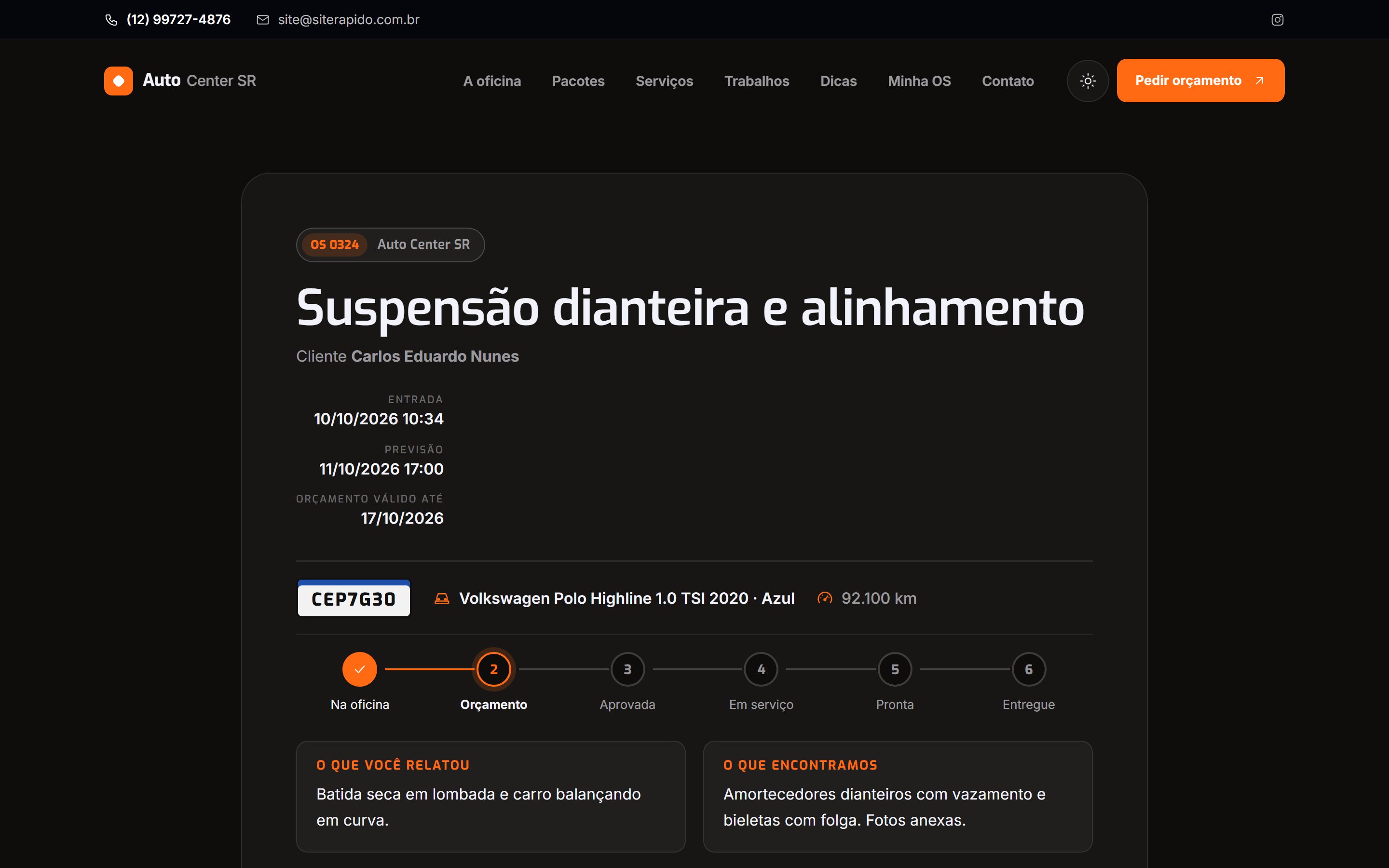 A ordem de serviço que o cliente recebe no WhatsApp