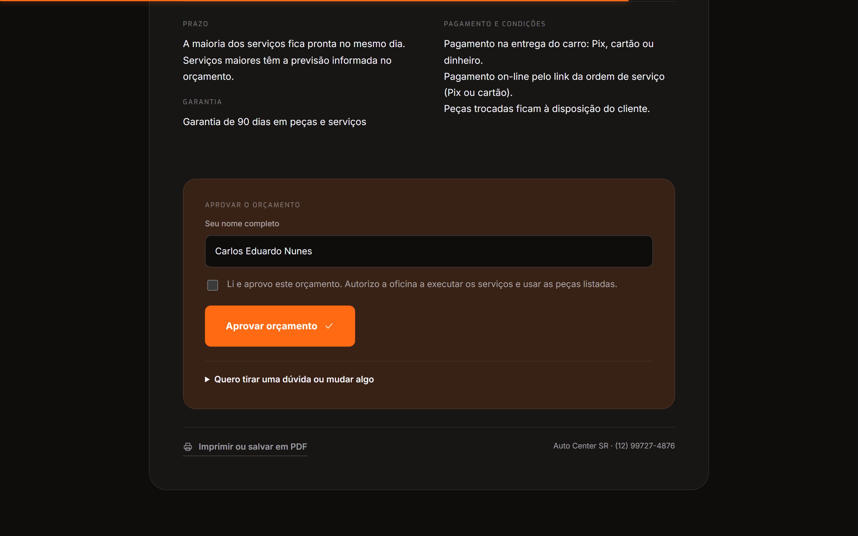 O cliente aprova o orçamento pelo link