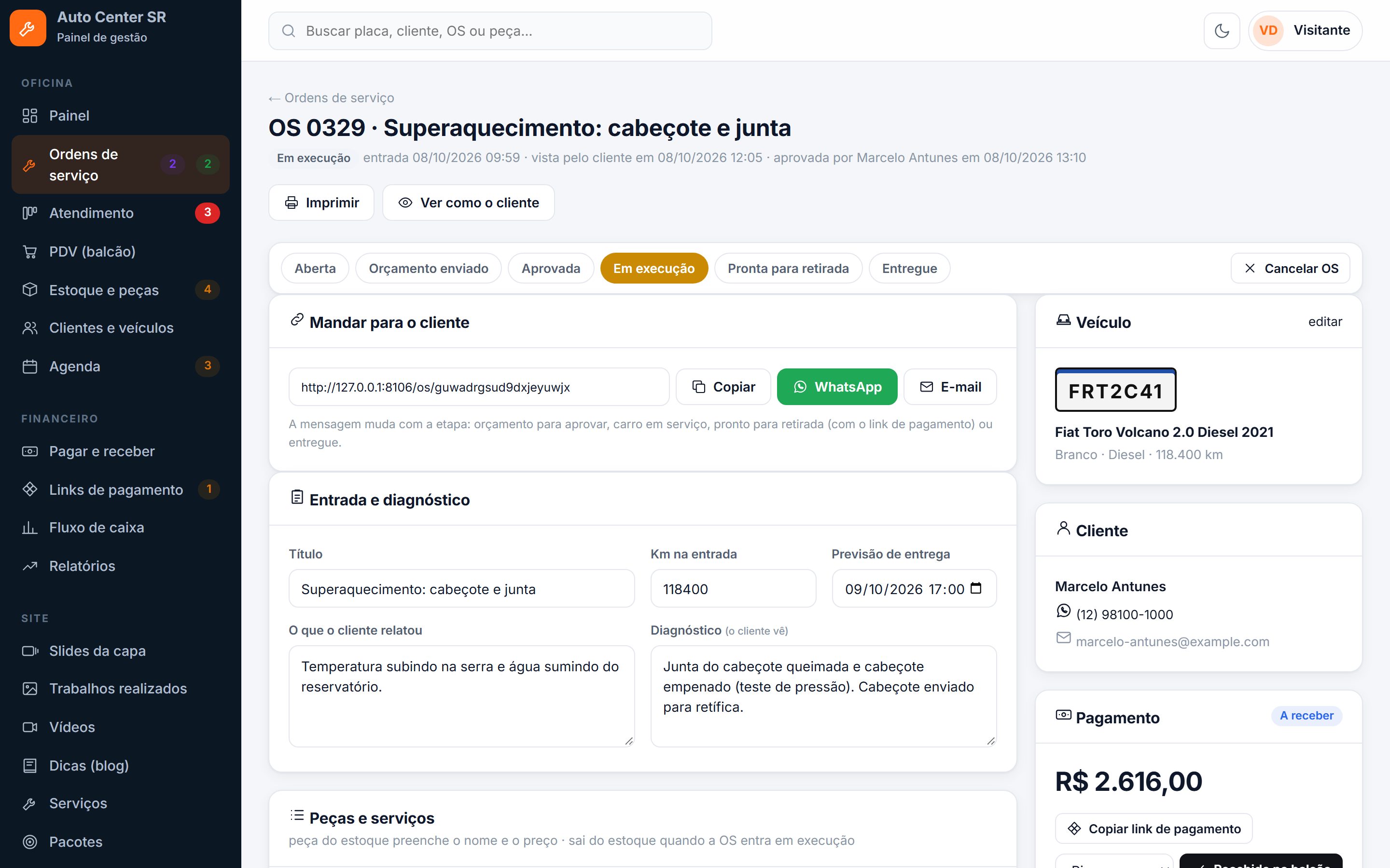 A ordem de serviço no painel, com envio pelo WhatsApp