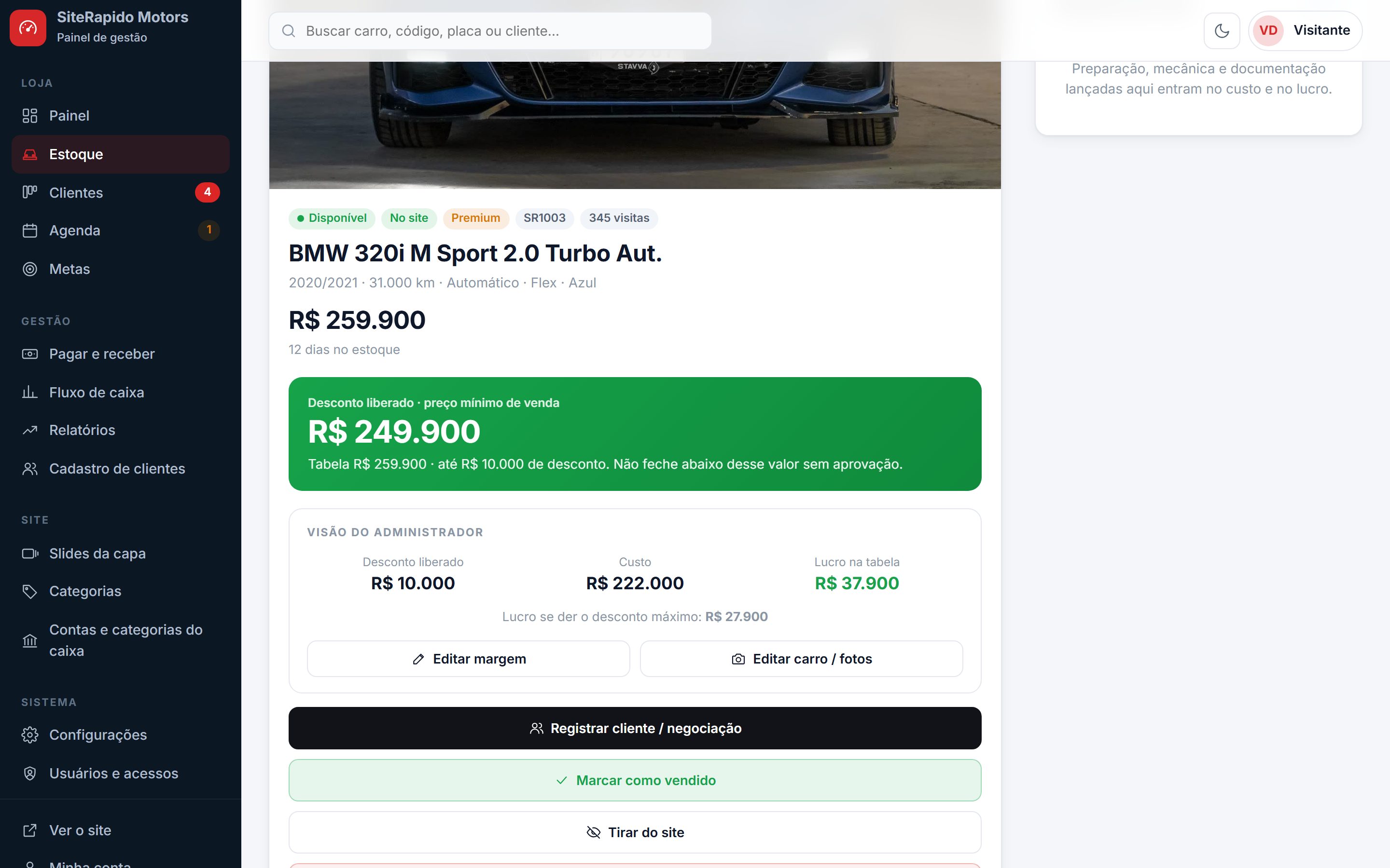 Ficha do carro: preço mínimo, custo e lucro