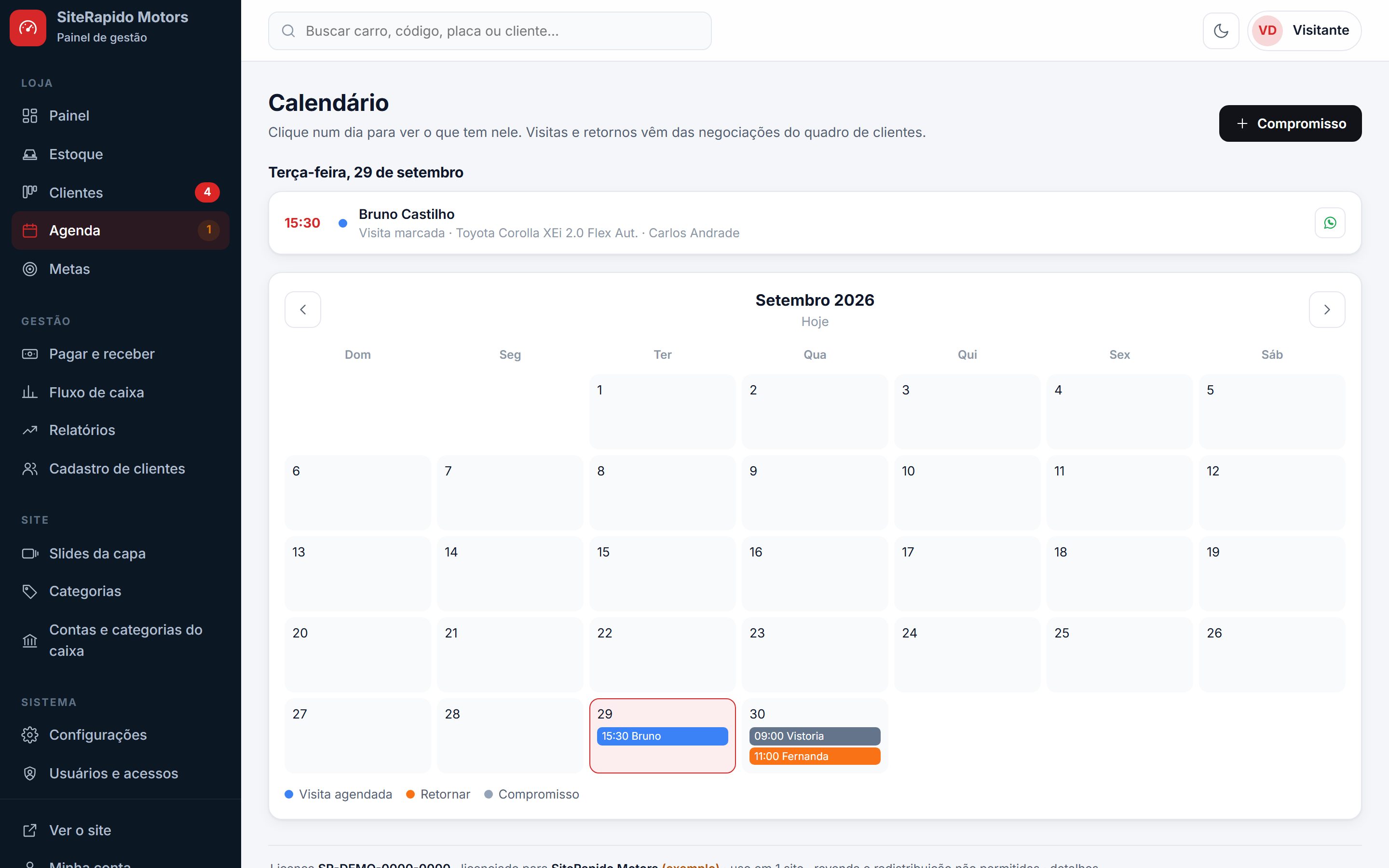 Agenda com visitas, retornos e compromissos