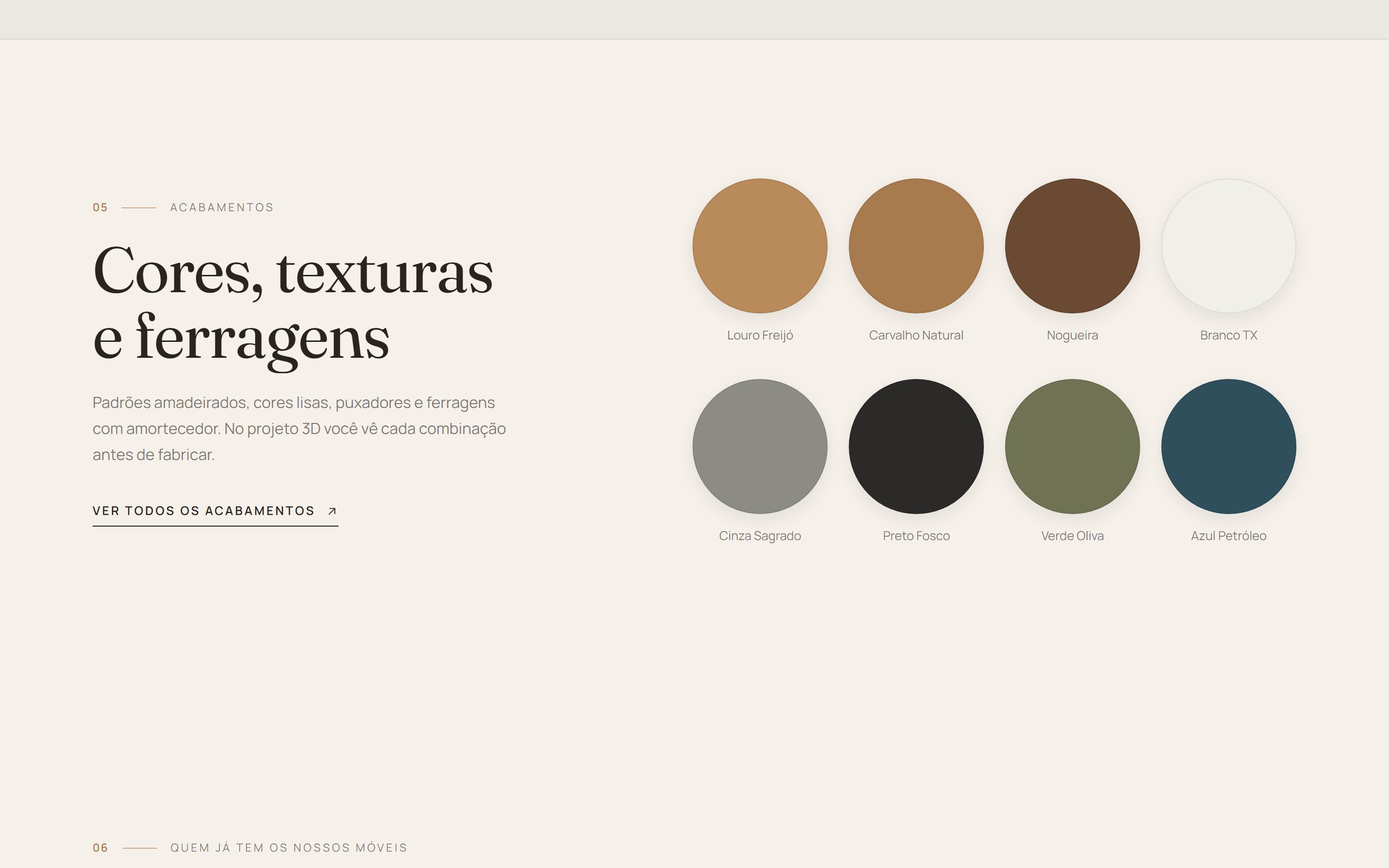 Amostras de cores, texturas e ferragens