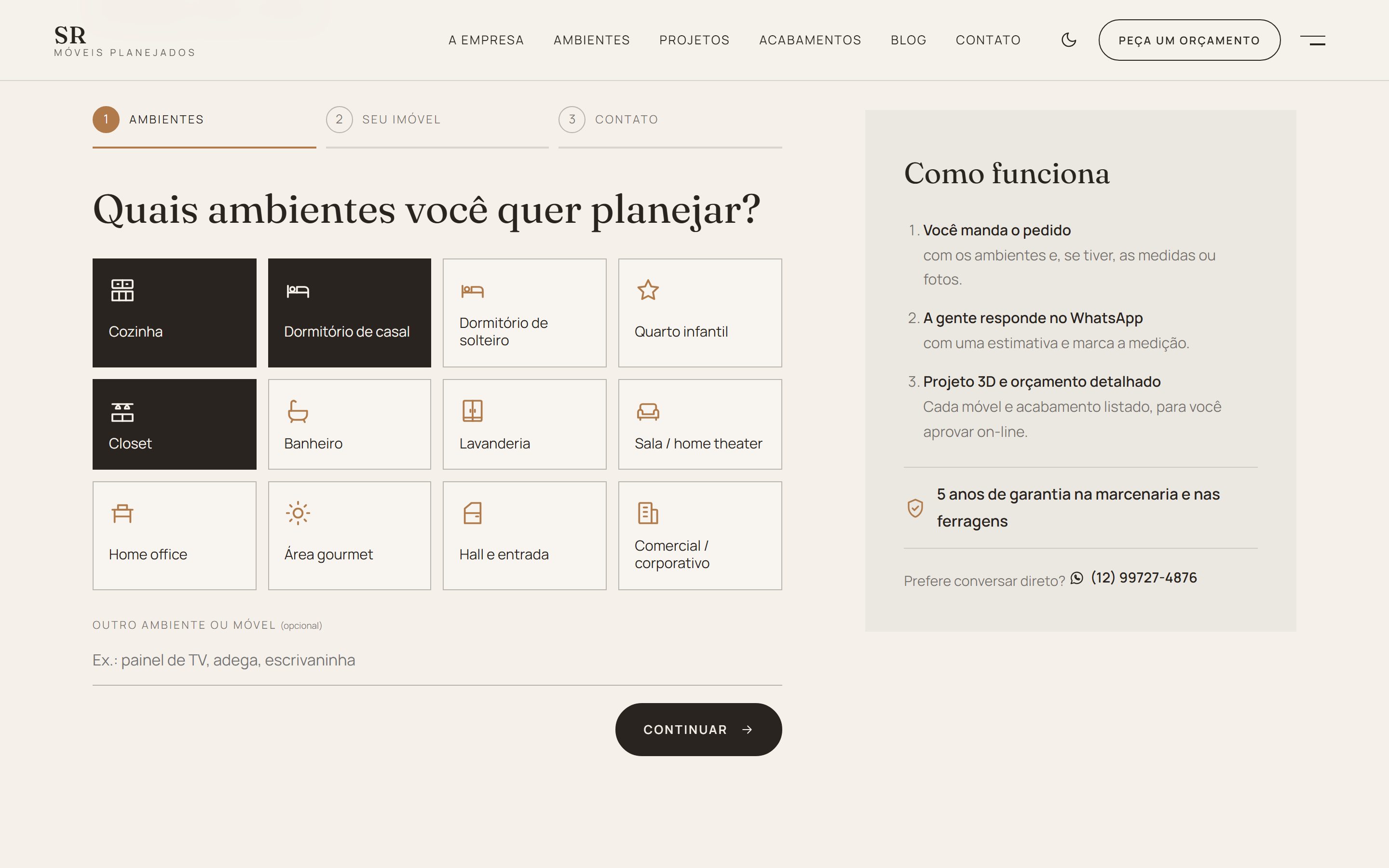 Pedido de orçamento on-line: o cliente escolhe os ambientes