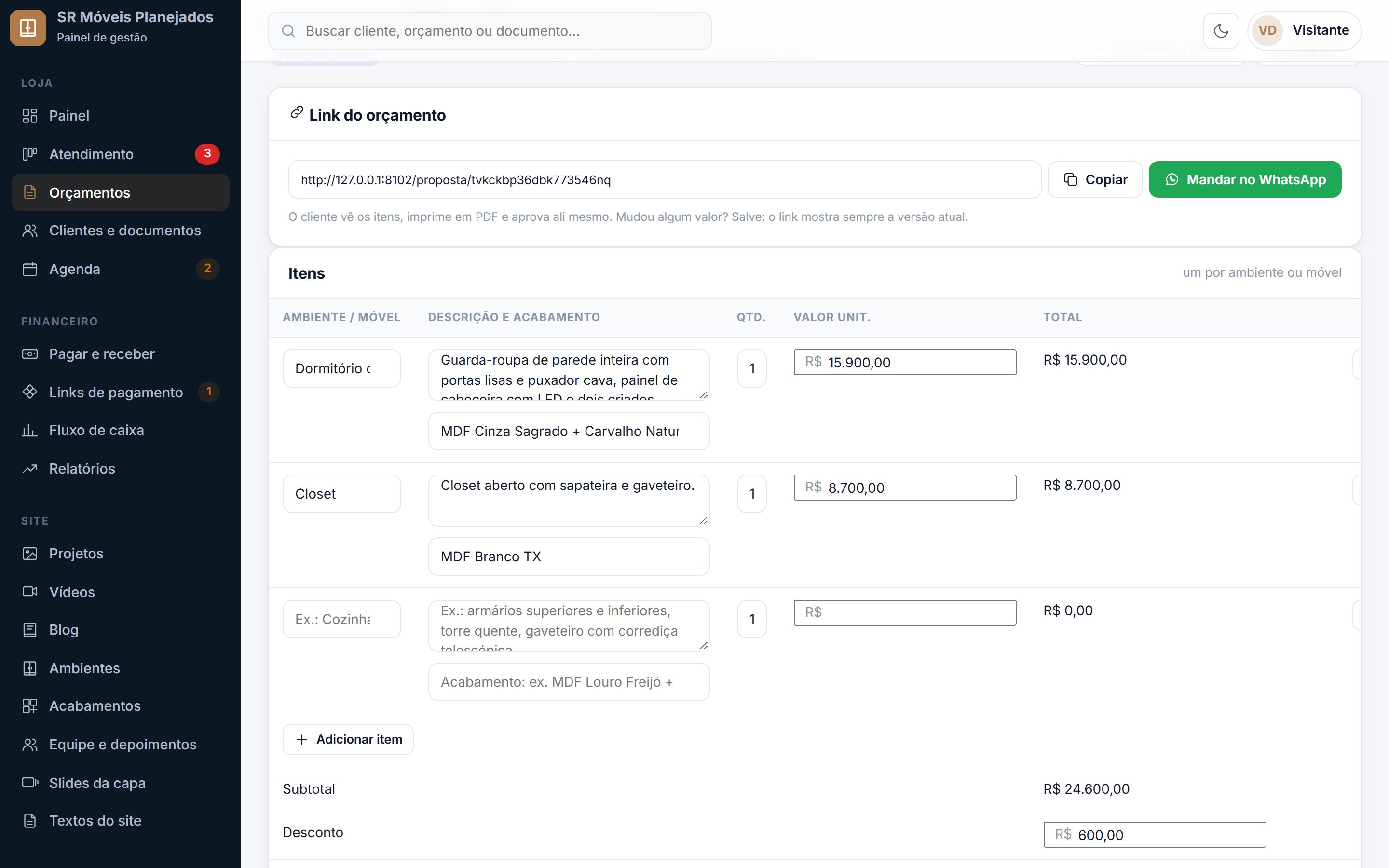 Orçamento item por item, com o link pronto para o WhatsApp
