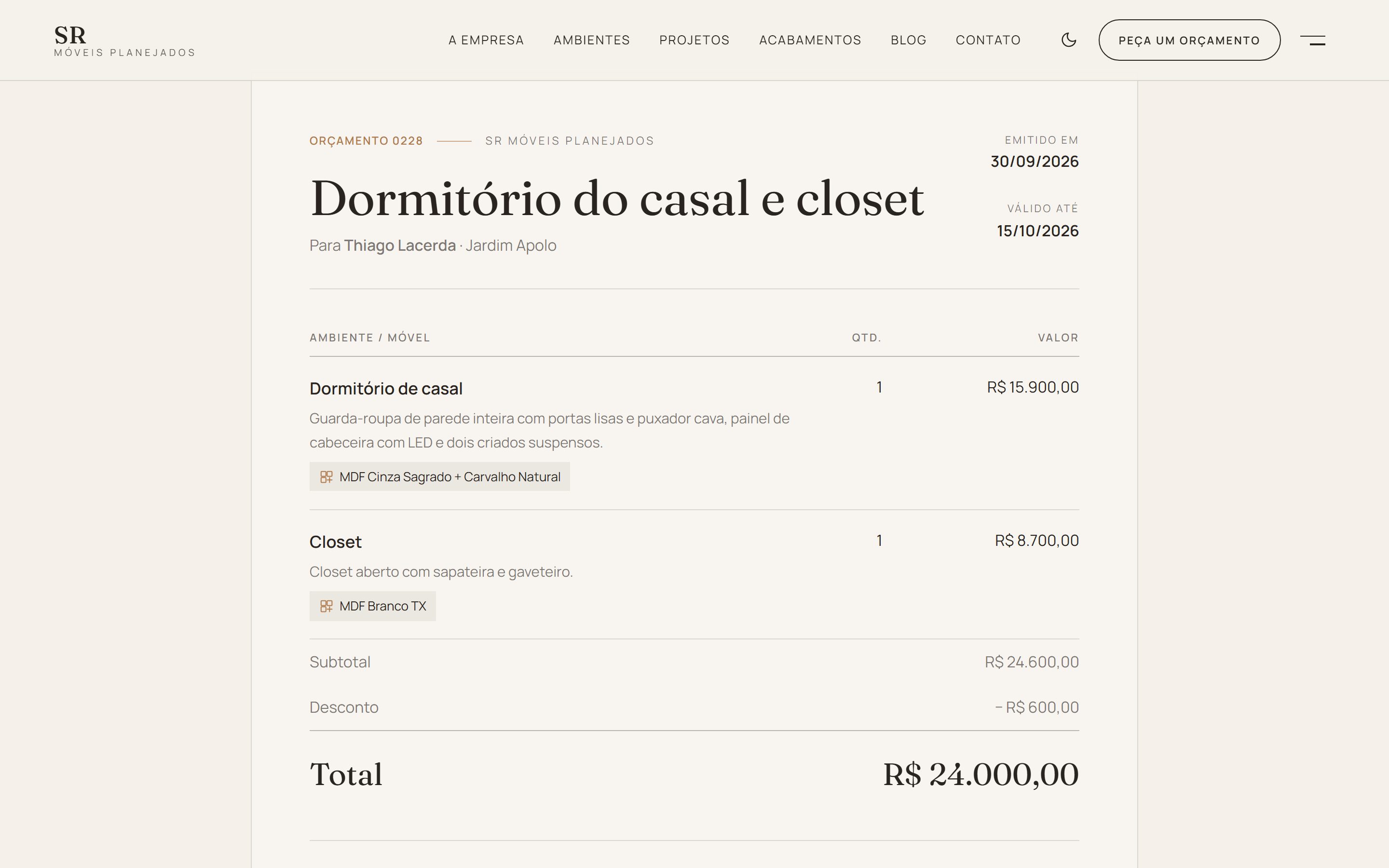 O que o cliente vê: itens, acabamentos e o total