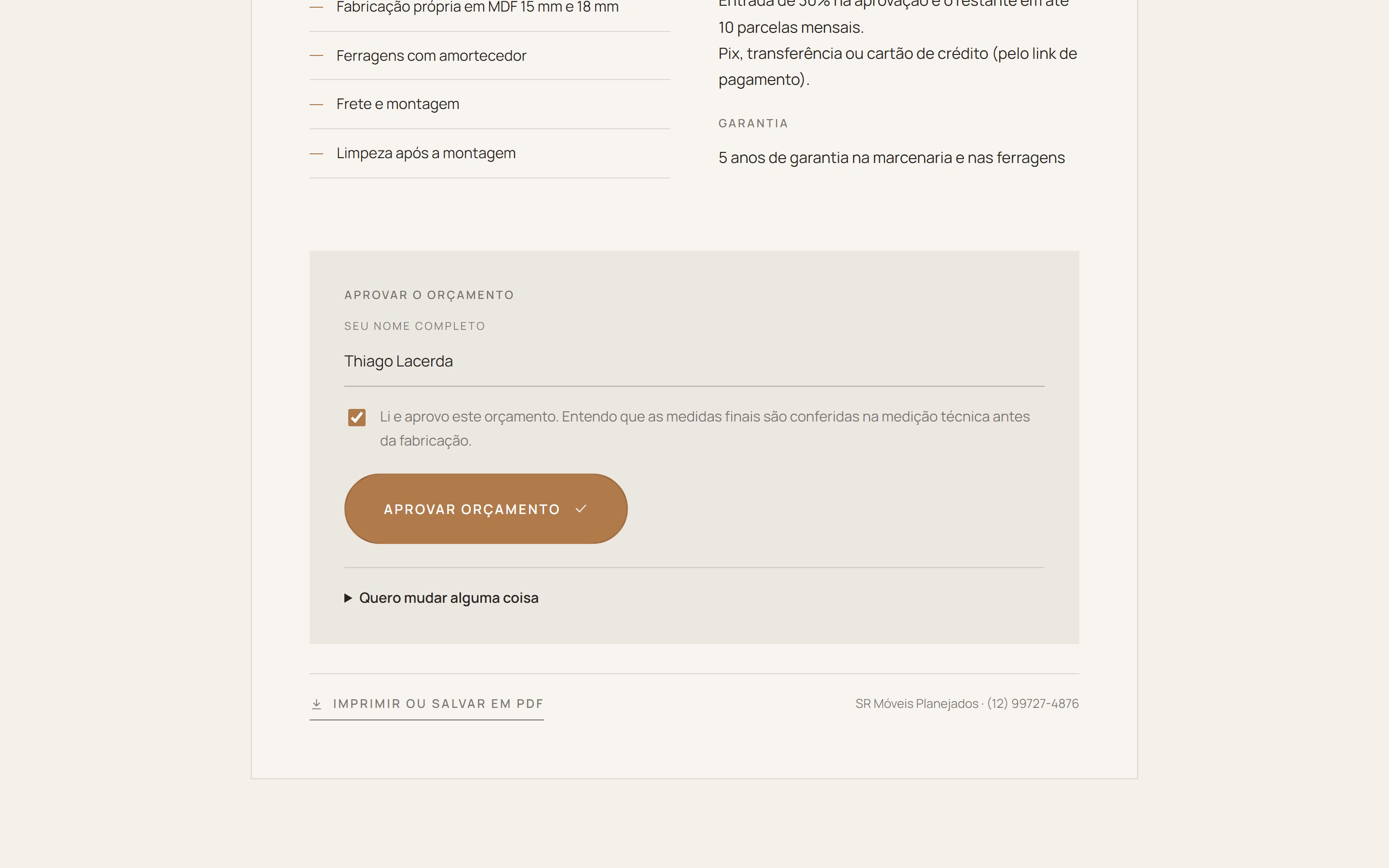 O cliente aprova o orçamento pelo link
