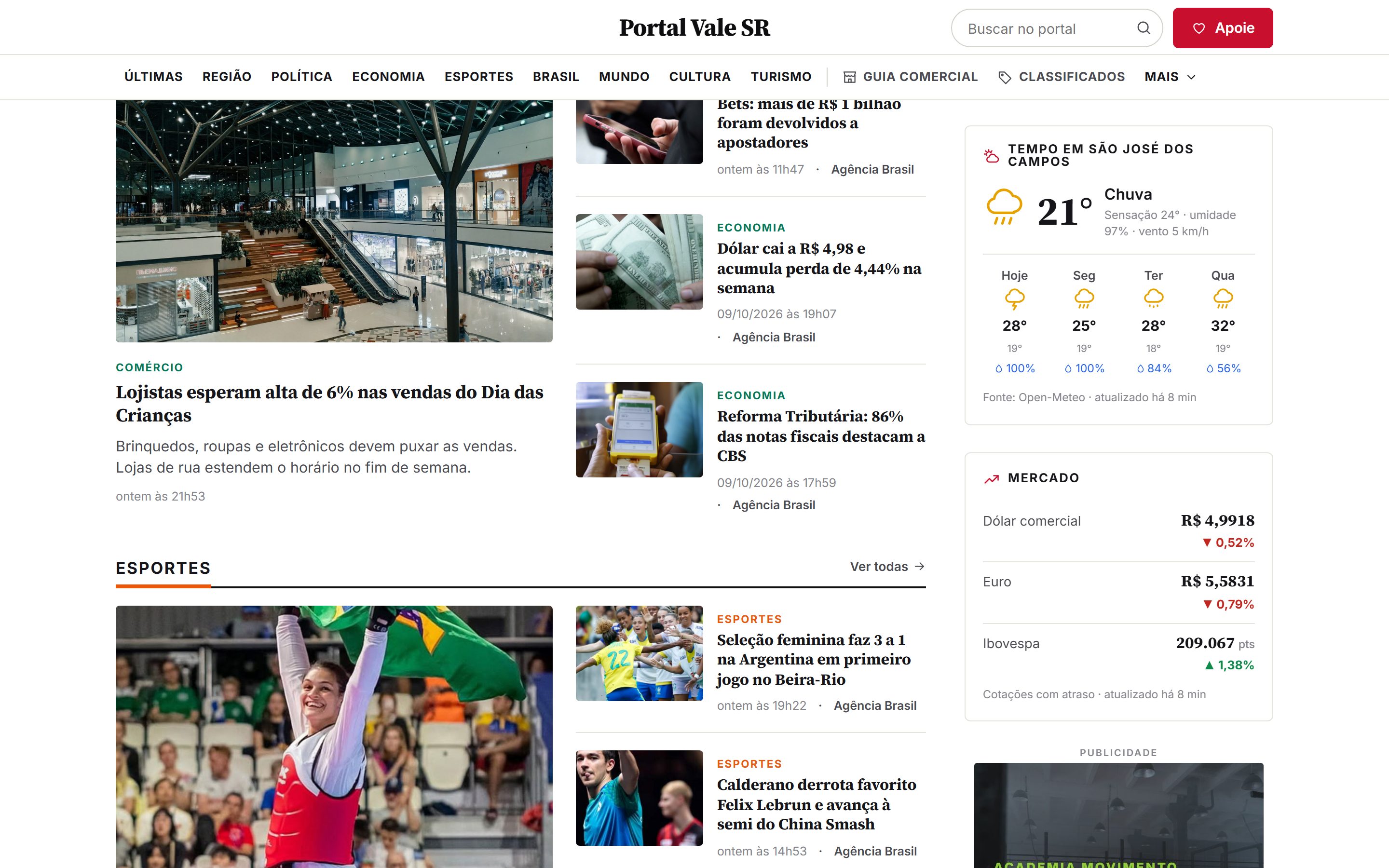 A capa com os blocos das editorias e as mais lidas
