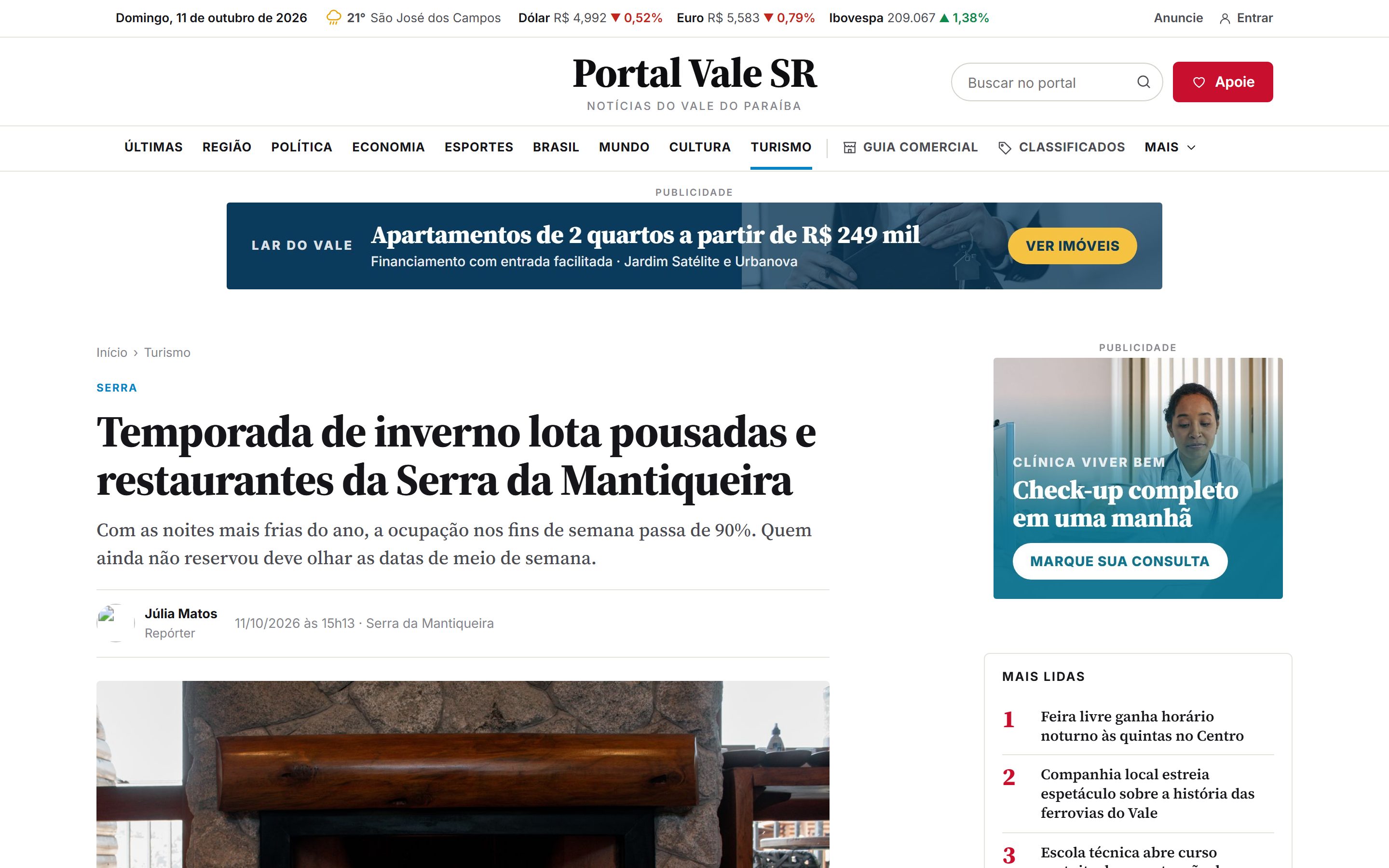 A notícia da redação, com foto, autor e banner ao lado