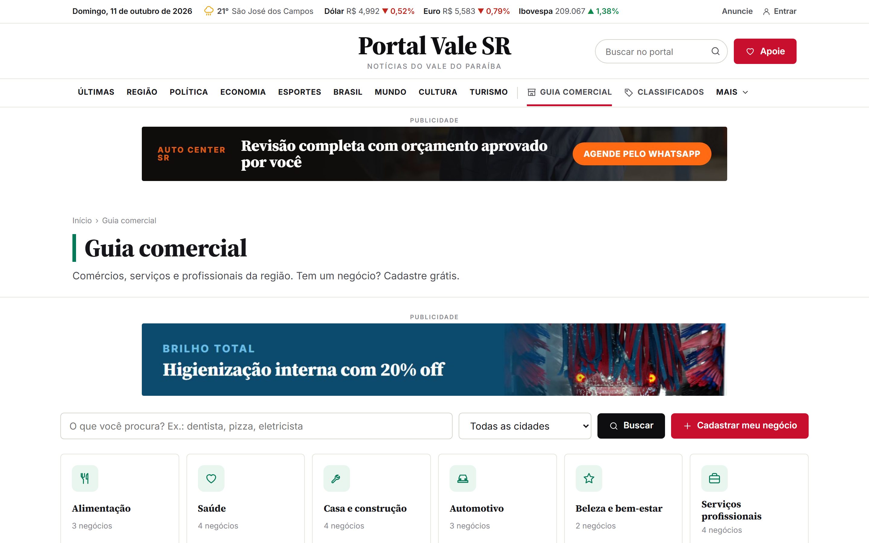 Guia comercial com as categorias de negócios