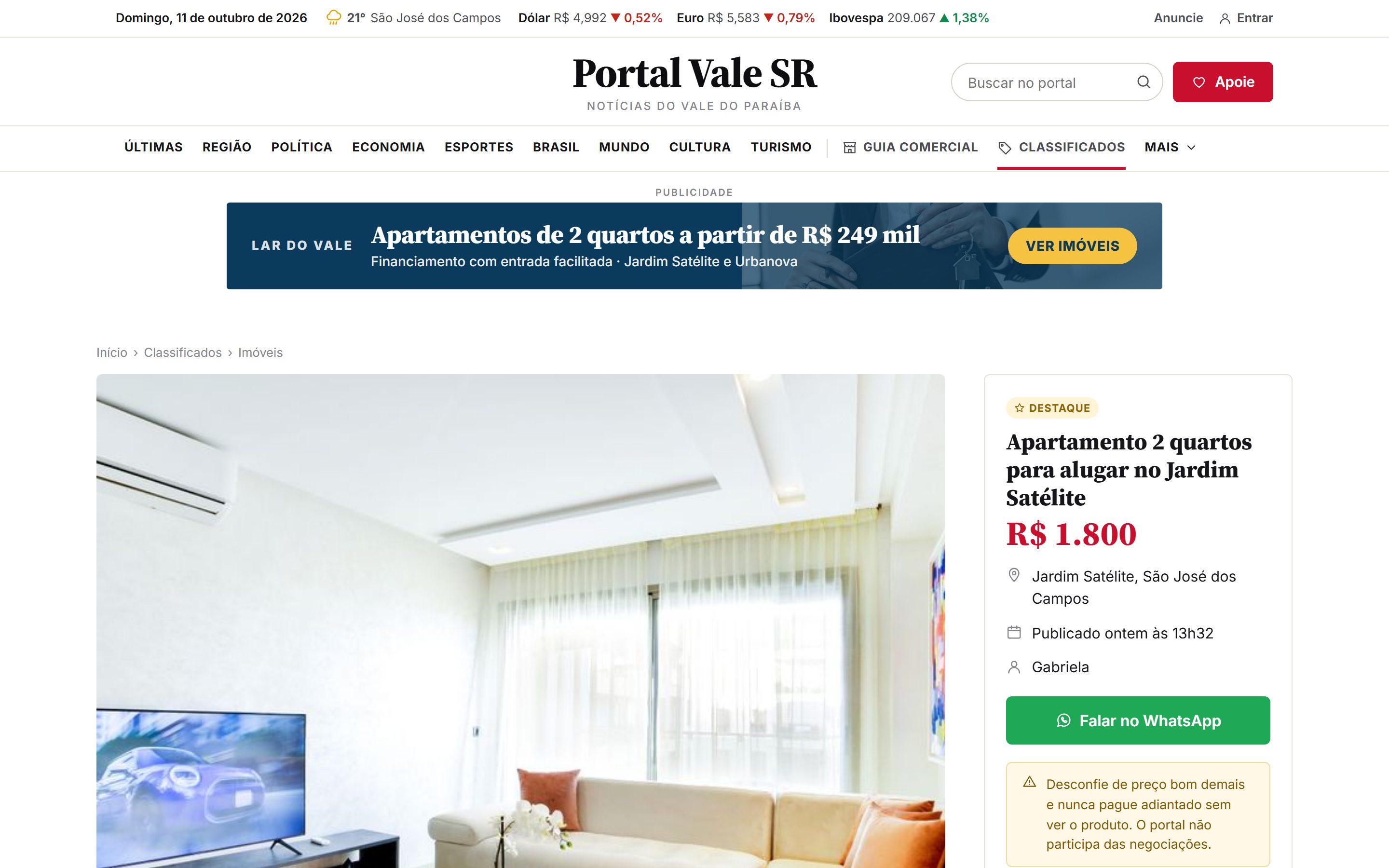 O anúncio, com fotos e WhatsApp do anunciante