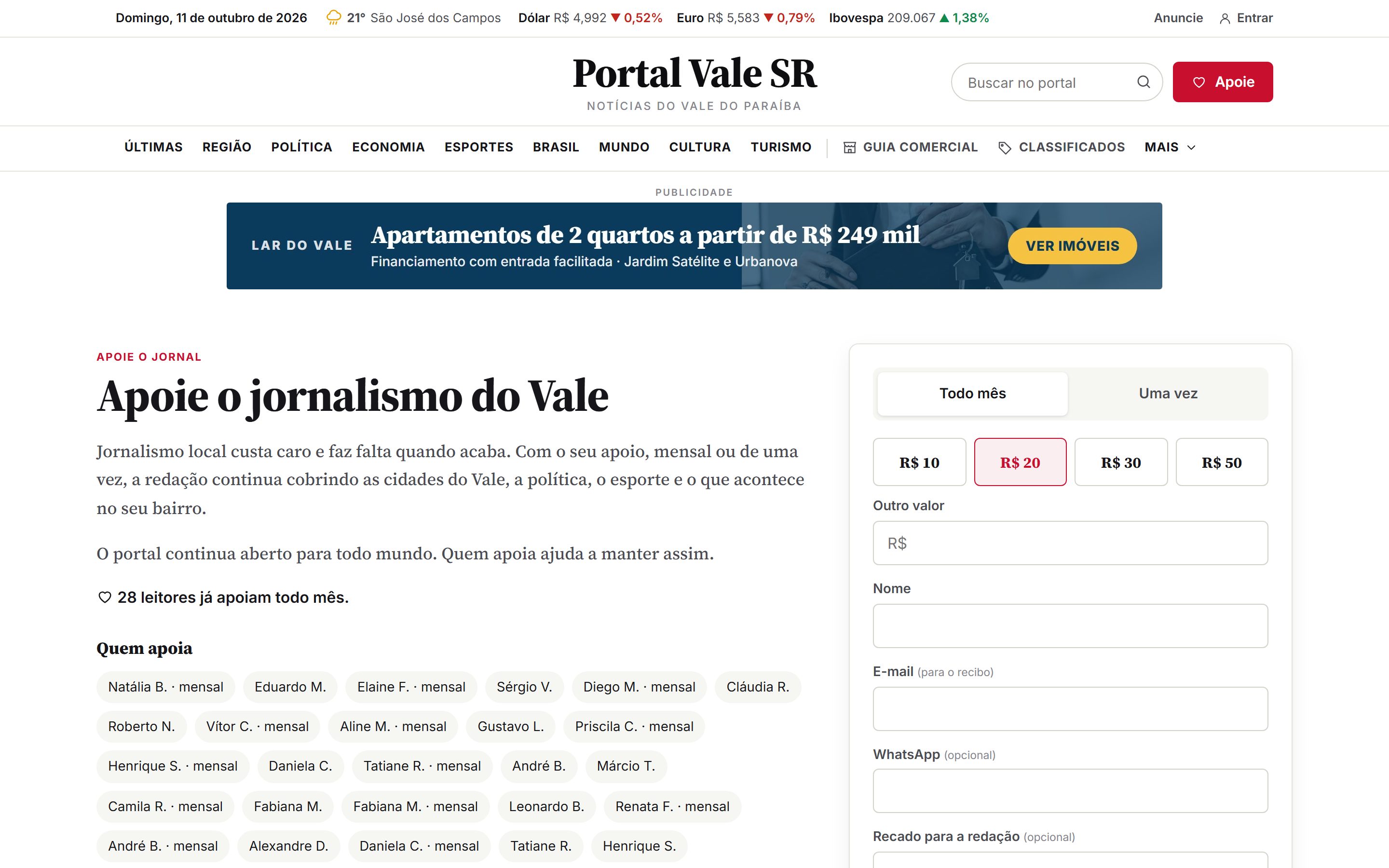 Apoio dos leitores, mensal ou de uma vez