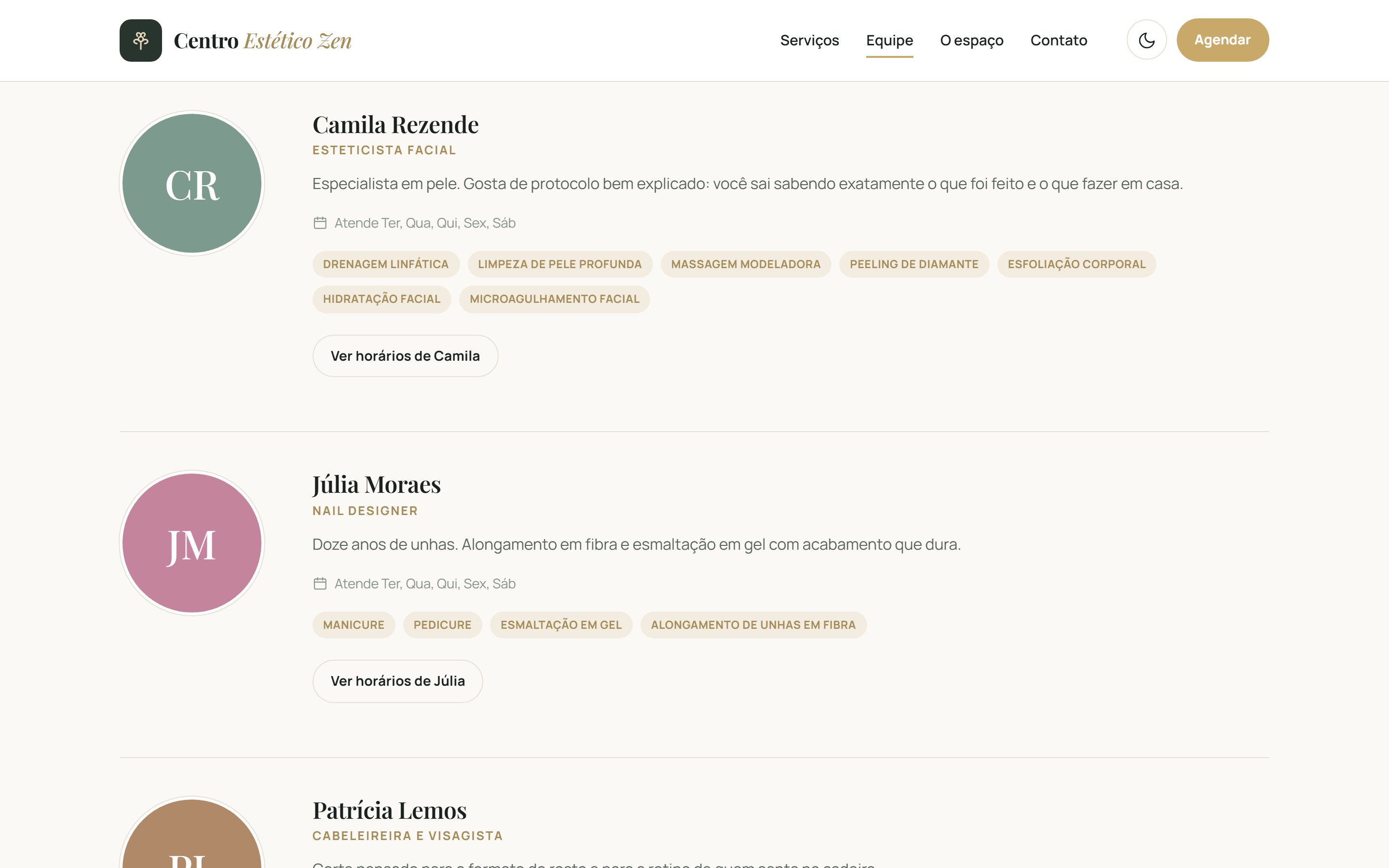 A equipe no site, com especialidade e dias de atendimento