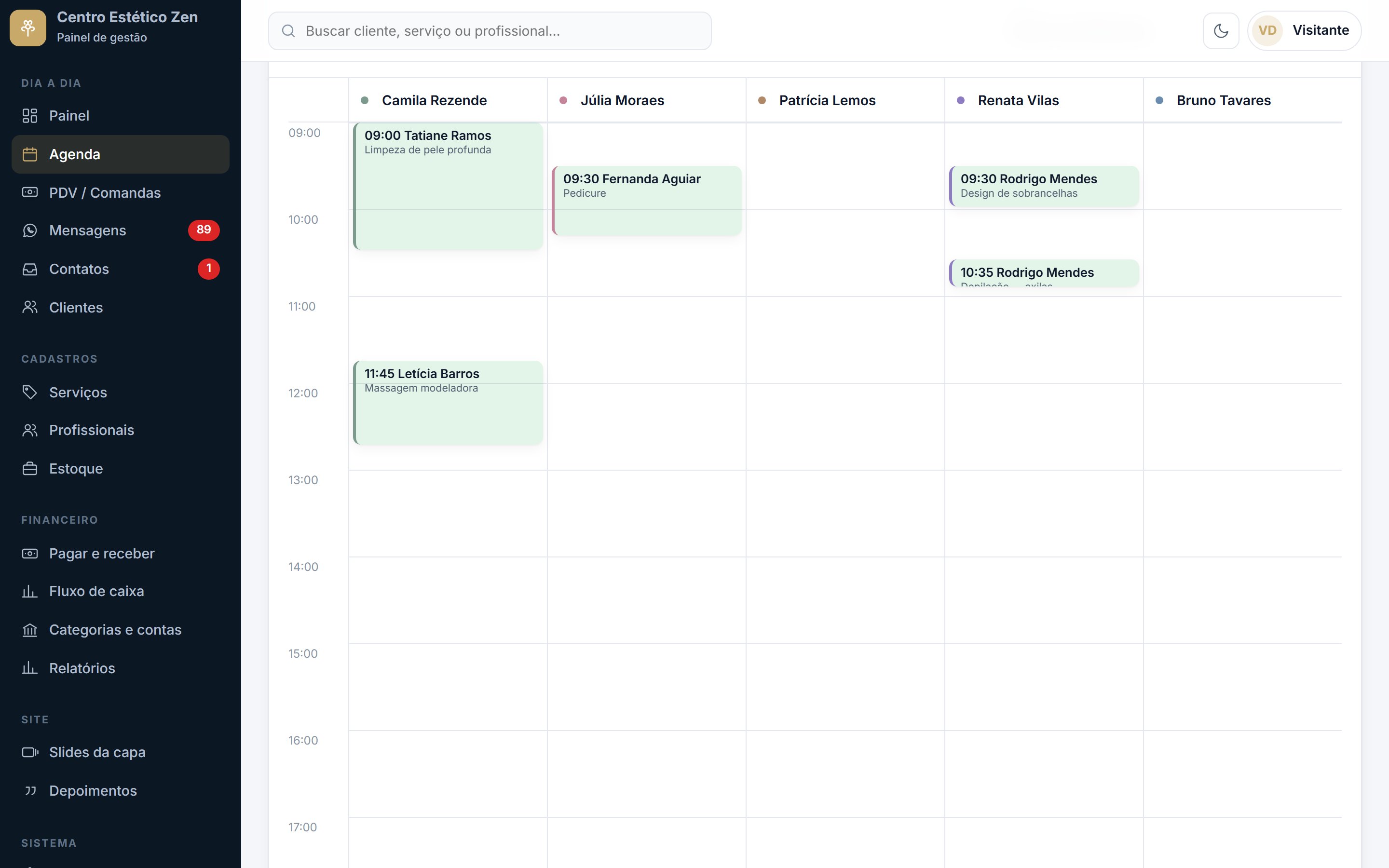 Agenda com uma coluna para cada profissional